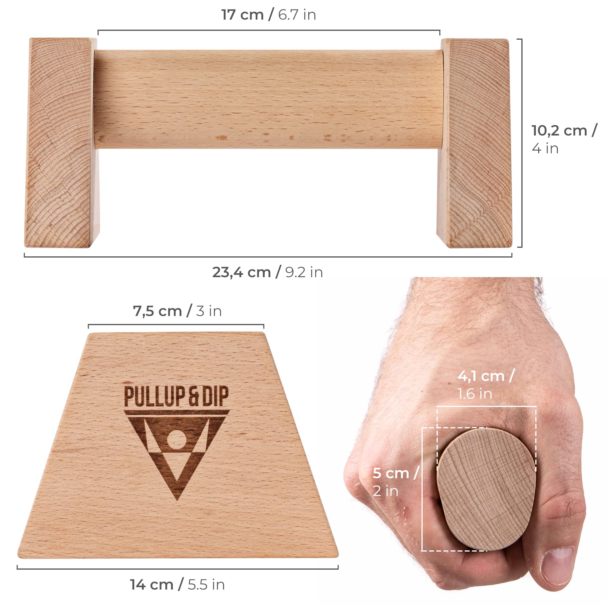 PULLUP & DIP Liegestützgriffe aus Holz inkl. Handgelenkbandagen – Ergonomische Handstandgriffe, rutschfeste Push-Up Bars für Calisthenics, Fitness & Oberkörpertraining