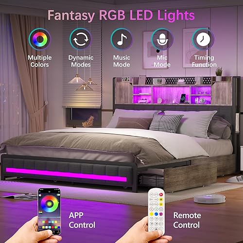 Miniatura 3 de CSZZD Base de cama Queen con 4 cajones de almacenamiento y cabecera de estantería, marco de cama LED tapizado Queen con estación de carga tipo C y