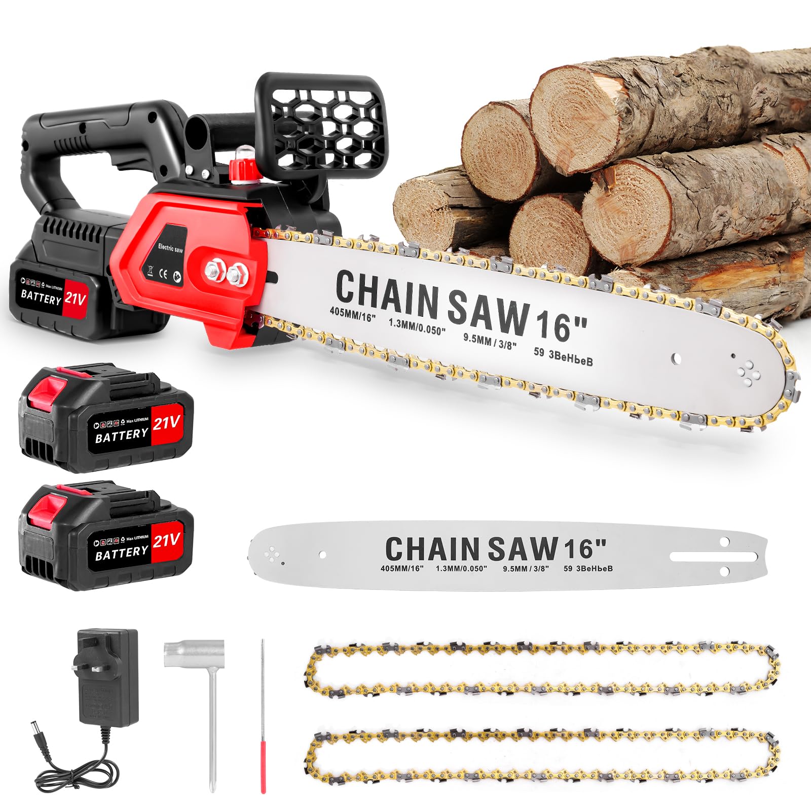 Keleef 16" Electric Chainsaw Cordless 1800W Battery Chainsaw with 2x3000mah Batteries & 2 Chains, Mini Chain Saw with Safety Lock, Hand Electric Saws to Cut Wood for Trees Trimming & Wood Cutting