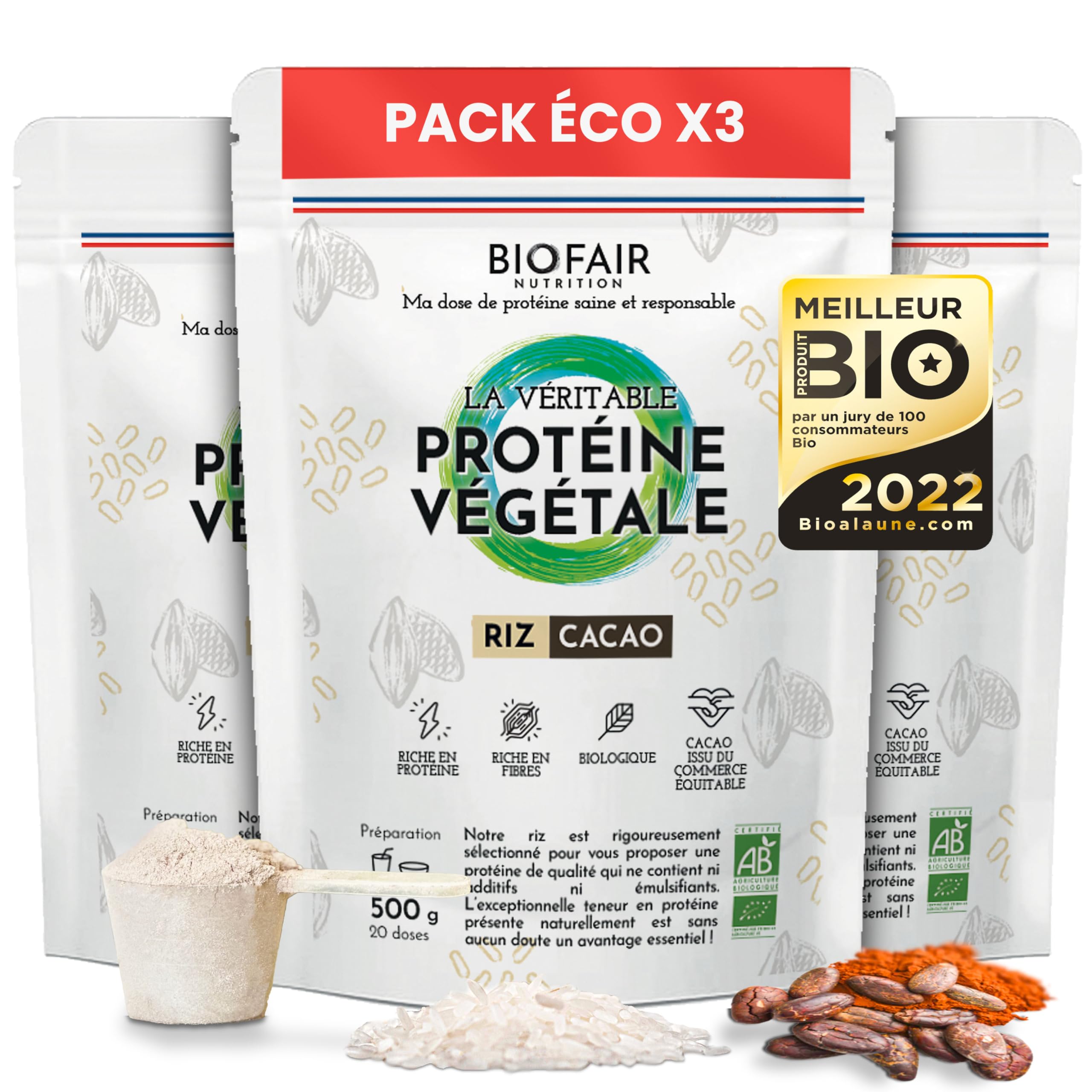 Proteína Vegana, Vegetal y Orgánica - A base de Arroz y Cacao Orgánico - Saludable, 100% Natural y Responsable - Paquete de 3 x 500 Gr - 1500 Gr