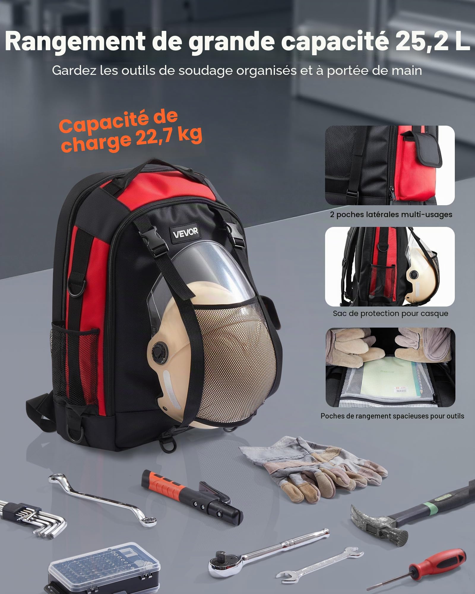 VEVOR Sac à Dos de Soudage pour Outils et Casque, Capacité 25,2 L, en Polyester 1680D Haute Densité, Sac de Rangement Polyvalent pour Équipement de Soudage, Soudeur, Camping, Randonnée, 36x21x50 cm