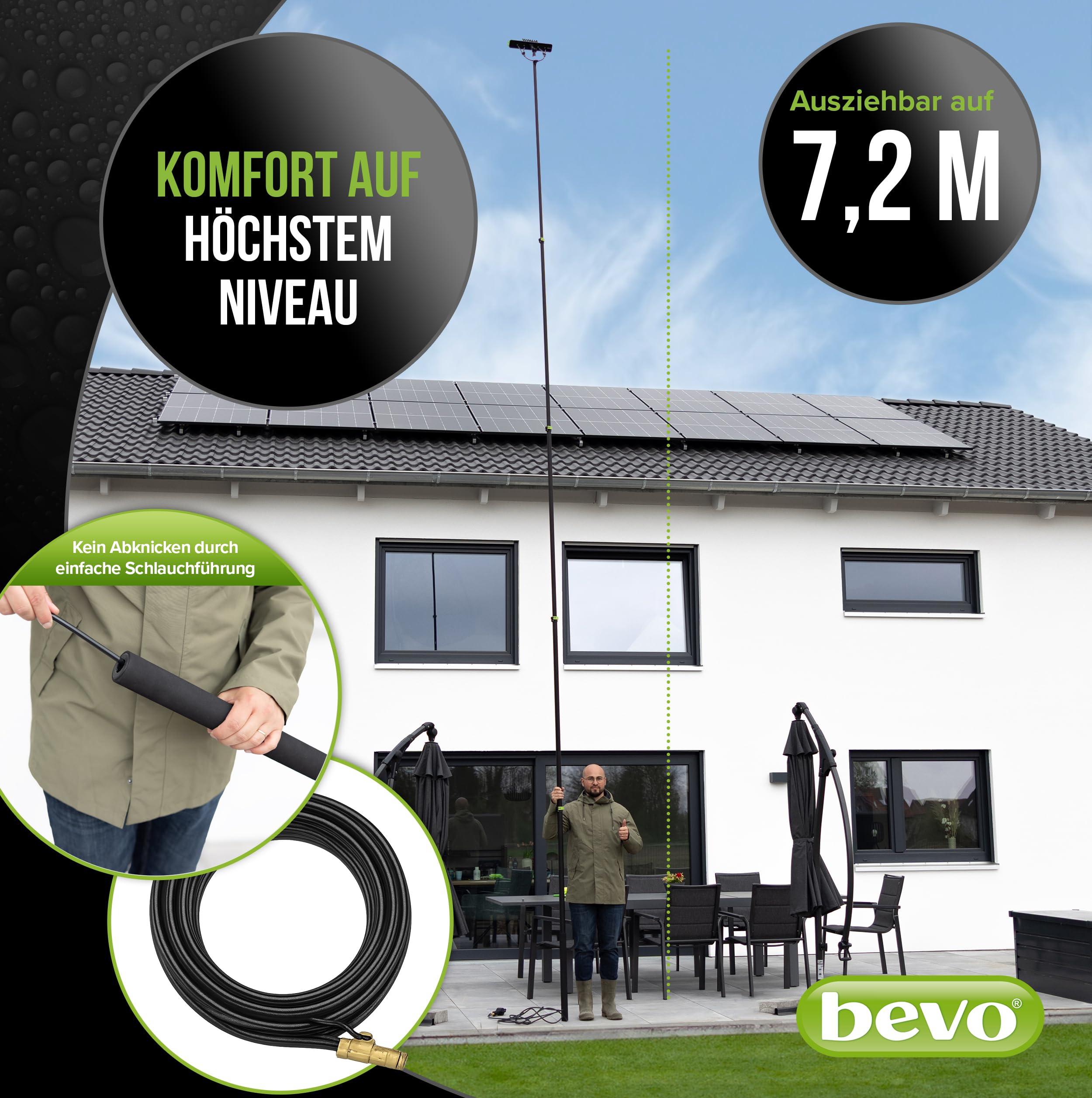 bevo - 4in1 Teleskop Waschbürste 7,2 M für Photovoltaik, Fenster, Wohnmobil & Dach-Reinigung - Teleskopstange & Teleskopbürste Reinigungs-Set mit Wasseranschluss, Reinigungs-Bürste & Wischer PV Anlage