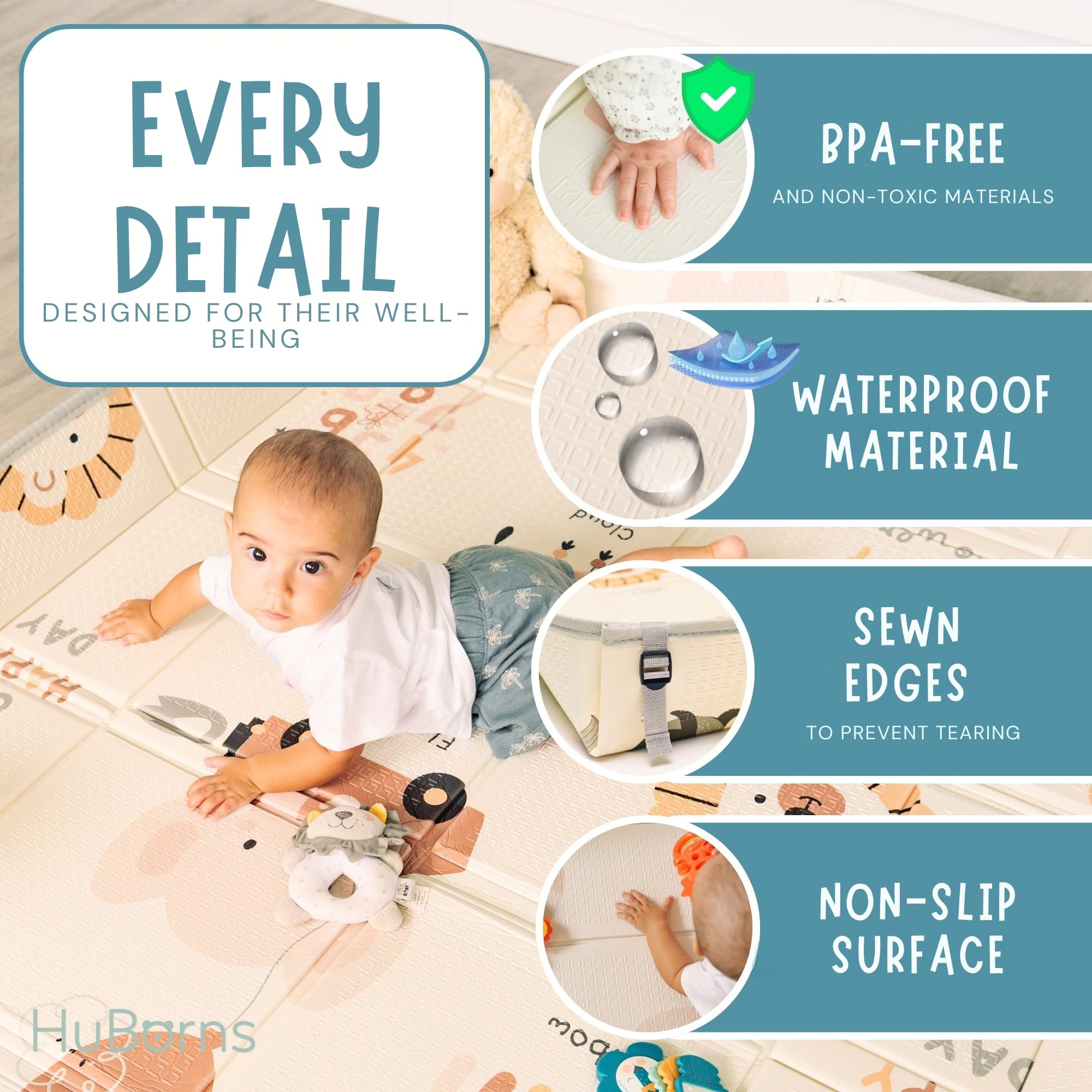 HUBORNS - Opvouwbaar & Omkeerbaar Baby Speelkleed 180 × 140 cm – 1 cm Dempende Dikte, Waterdicht, Antislip, Verstevigde Zoom & Draagtas HUBORNS - Opvouwbaar & Omkeerbaar Baby Speelkleed 180 × 140 cm – 1 cm Dempende Dikte, Waterdicht, Antislip, Verstevigde Zoom & Draagtas
