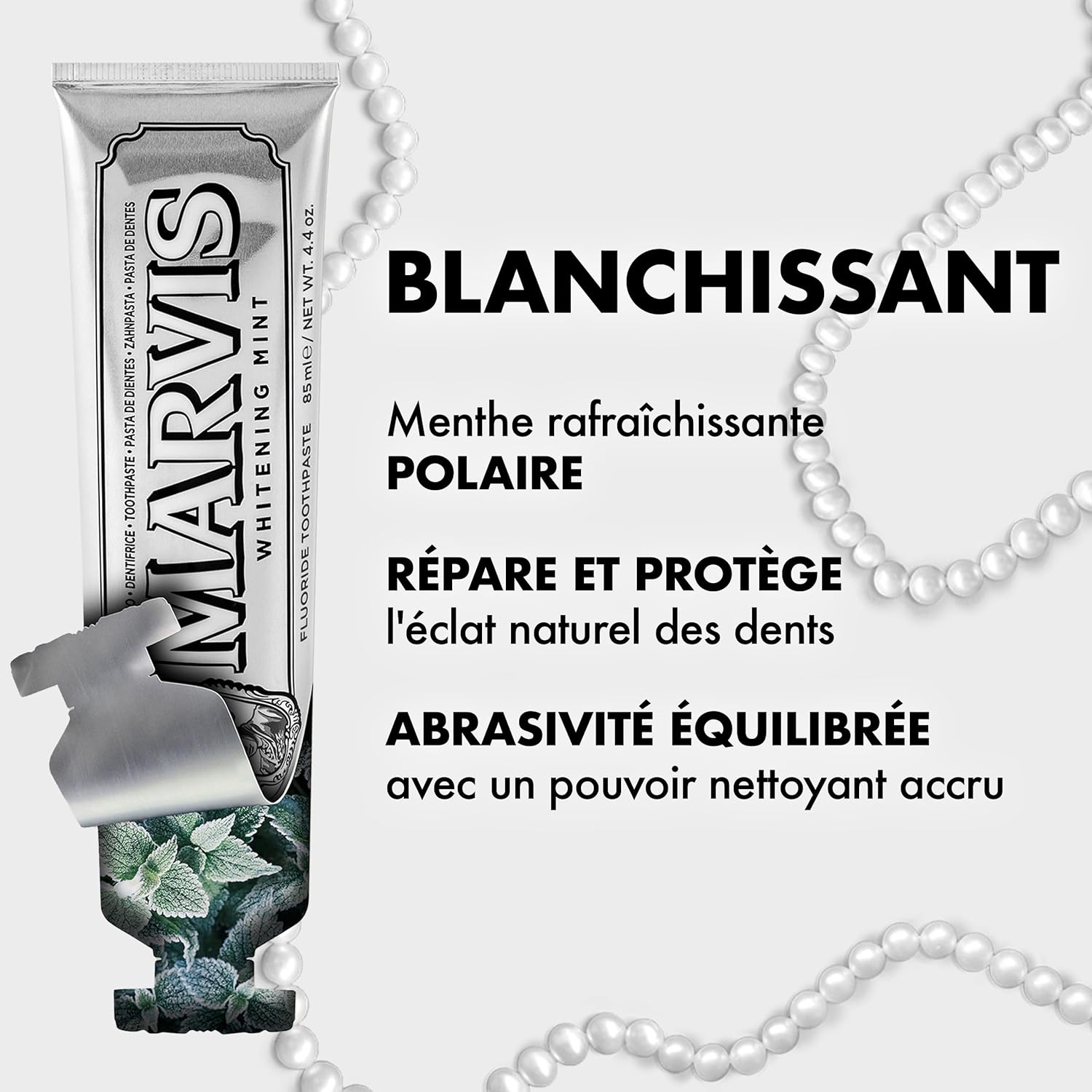 Marvis Dentifrice Blancheur Menthe - Blanchiment Naturel, Antiplaque, Fraîcheur Longue Durée - 85 ml - Image détaillée