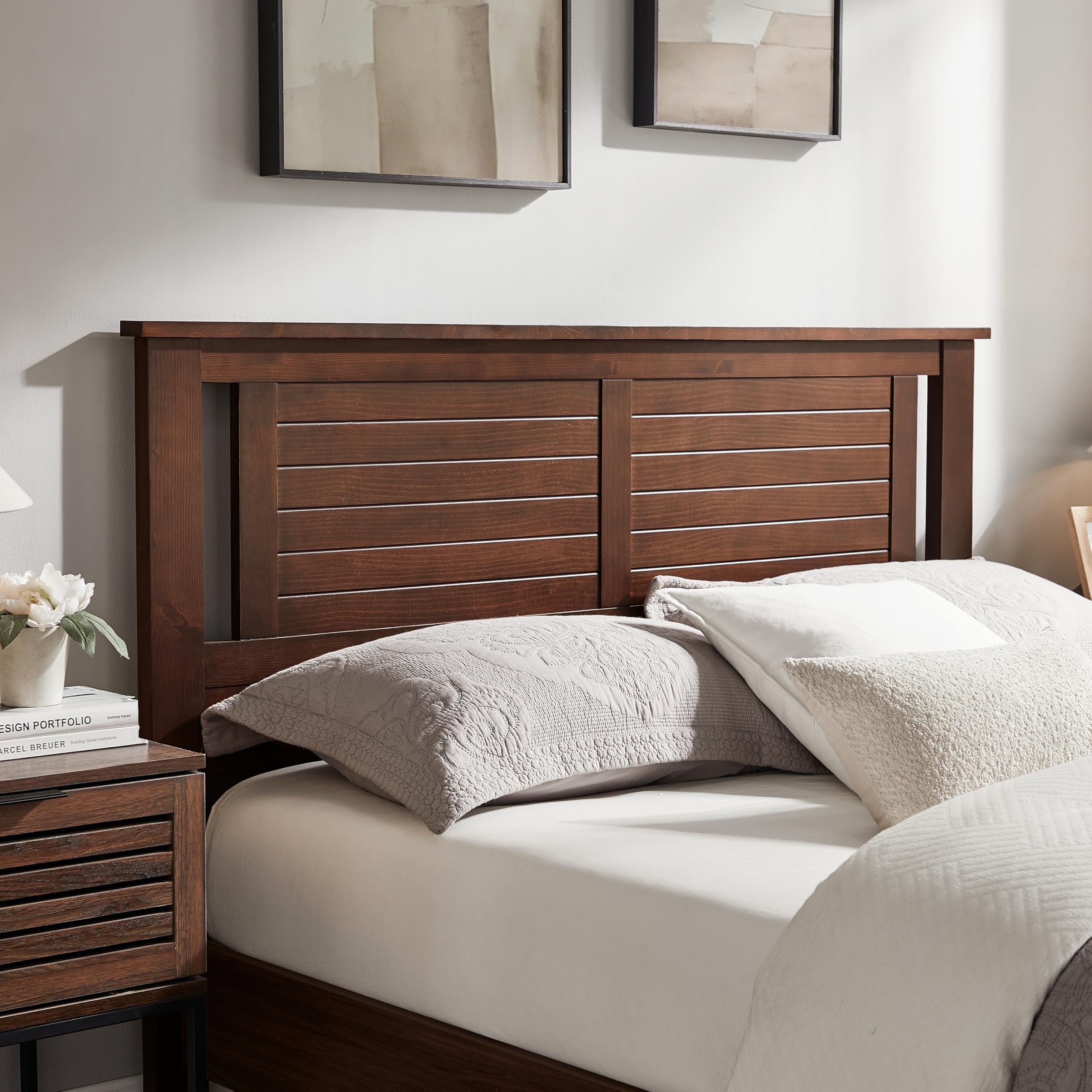 ComfIQ Serene Queen Size Wood Headboard Shiplap-Inspired Panel Design in a Stained Walnut Finish