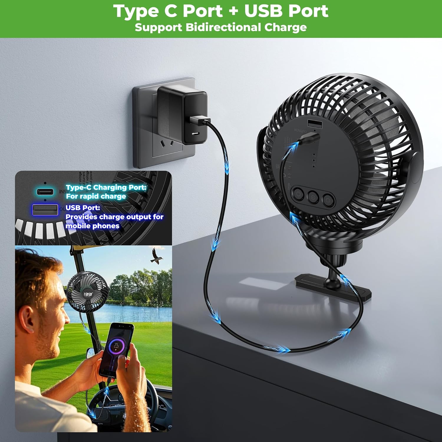 10L0L 2 Pack Magnetic Golf Cart Fans Rechargeable Big Battery Powered Portable Fan,3 Speeds/2 LED Light/56 Hrs Runtime/360°Rotatable with Magnetic Base,USB & Type C Ports,Summer Golf Cart Accessories - Image 3