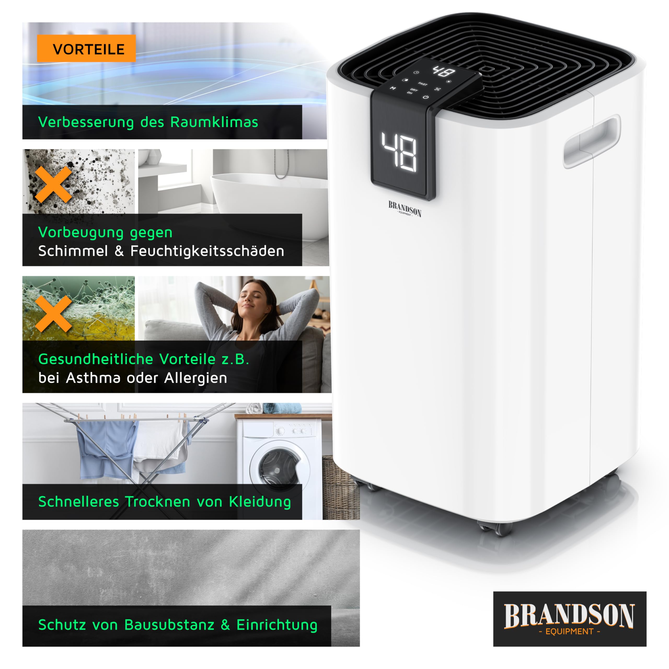 Brandson - Luftentfeuchter 16L mit Kompressor – Dehumidifier Raumentfeuchter elektrisch – 16 Liter / 24h – sehr leise - Display - Schlafzimmer Bad Keller