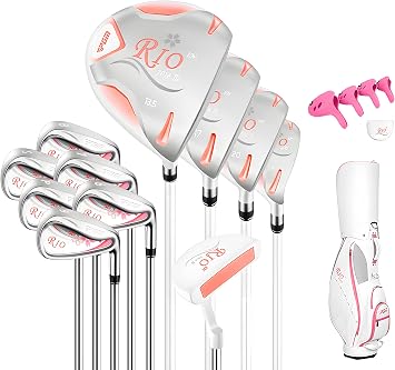 PGM Rio Ladies Womens Complete Right Handed Golf Clubs Set Includes Titanium Driver, S.S. Fairway, S.S. Hybrid, S.S. 6-9, PW/SW Irons, Putter, Stand Bag, 5 Headcover LTG038