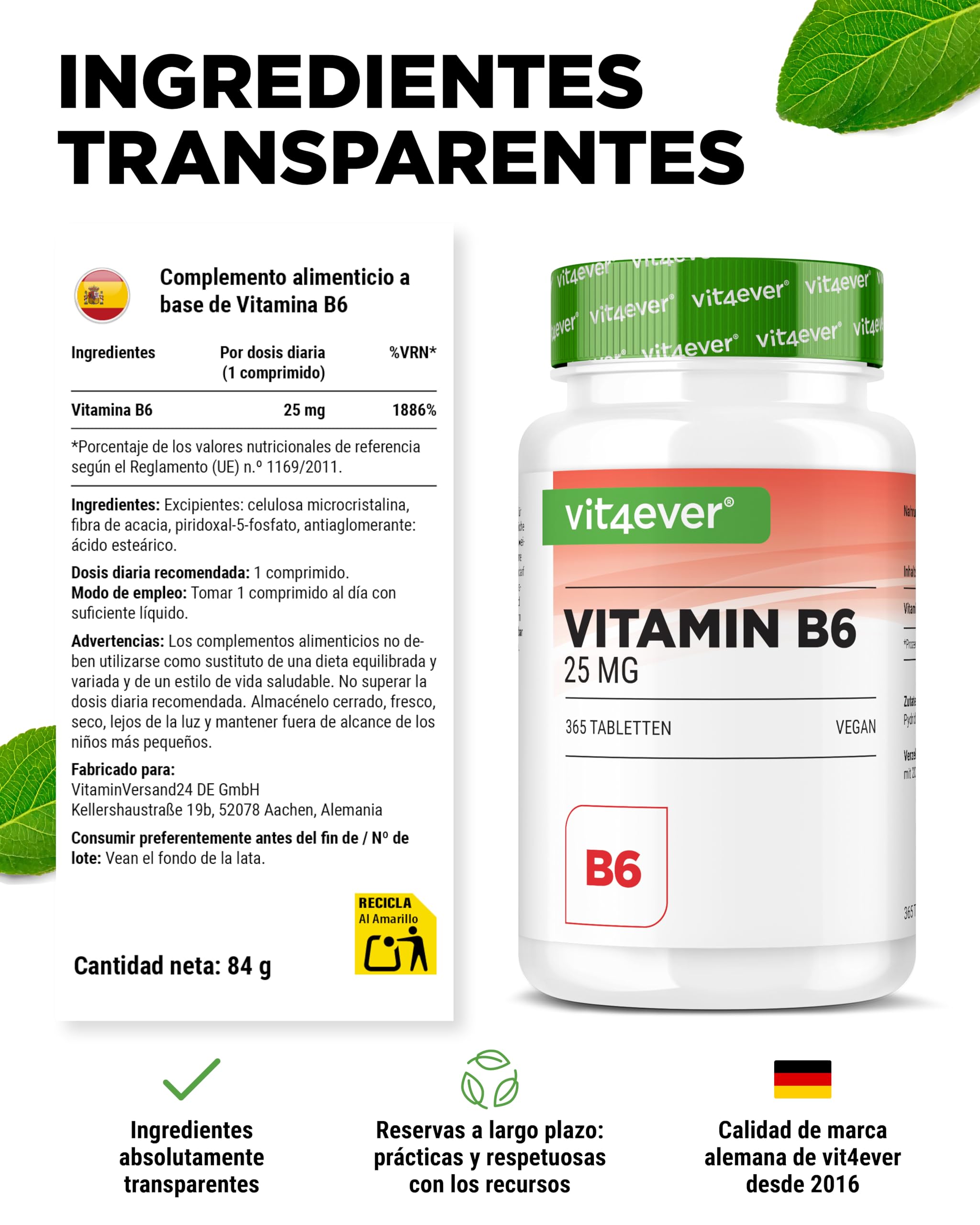 vit4ever Vitamina B6 en Forma de P-5-P - 365 Comprimidos - Alta Dosificación con 25 mg (Piridoxal-5-Fosfato) - Premium: Vitamina B6 Bioactiva - Sin Aditivos no deseados - Vegano