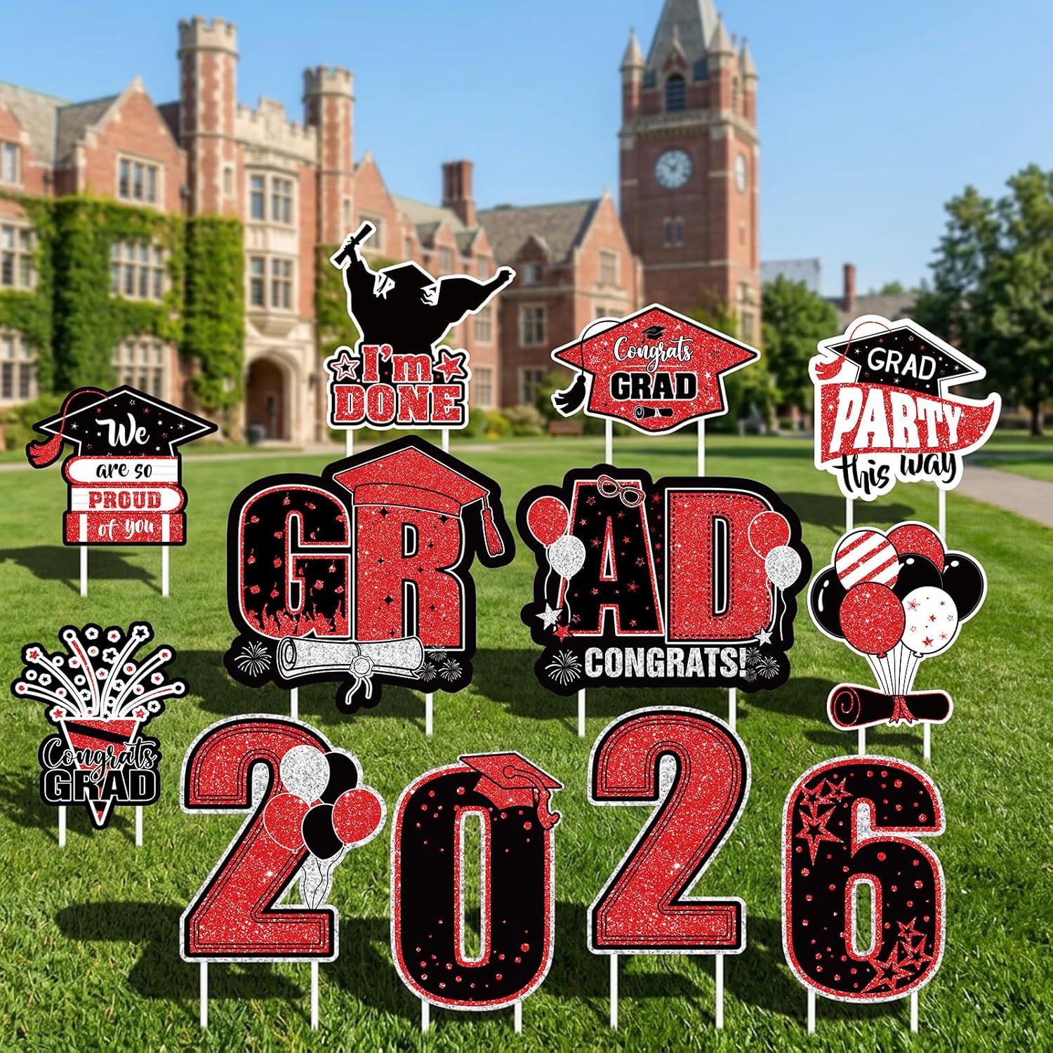 FunHot Graduation Yard Sign Class of 2026, Large Black and Red Grad Yard Signs, Waterproof Congrats Grad Cap Sign with Stakes Outdoor Lawn for College High School 2026 Graduation Party Decoration