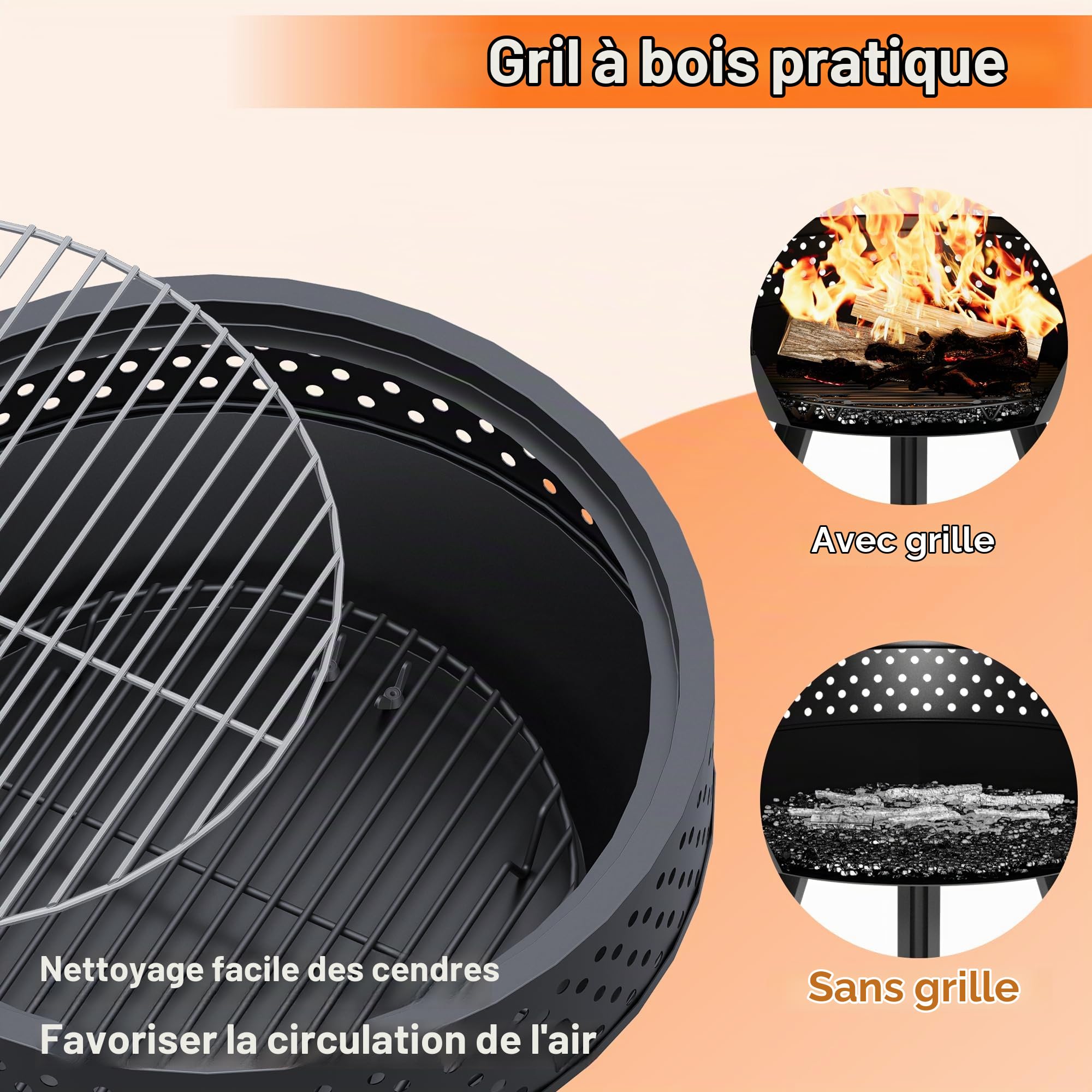 Brasero Extérieur 54.6 cm avec Grille de BBQ, Foyer Multifonctionnel Portable à Bois avec Sac Etanche et Tisonnier, pour Extérieur, Feu de Camp et Camping, Incinerateur de Jardin