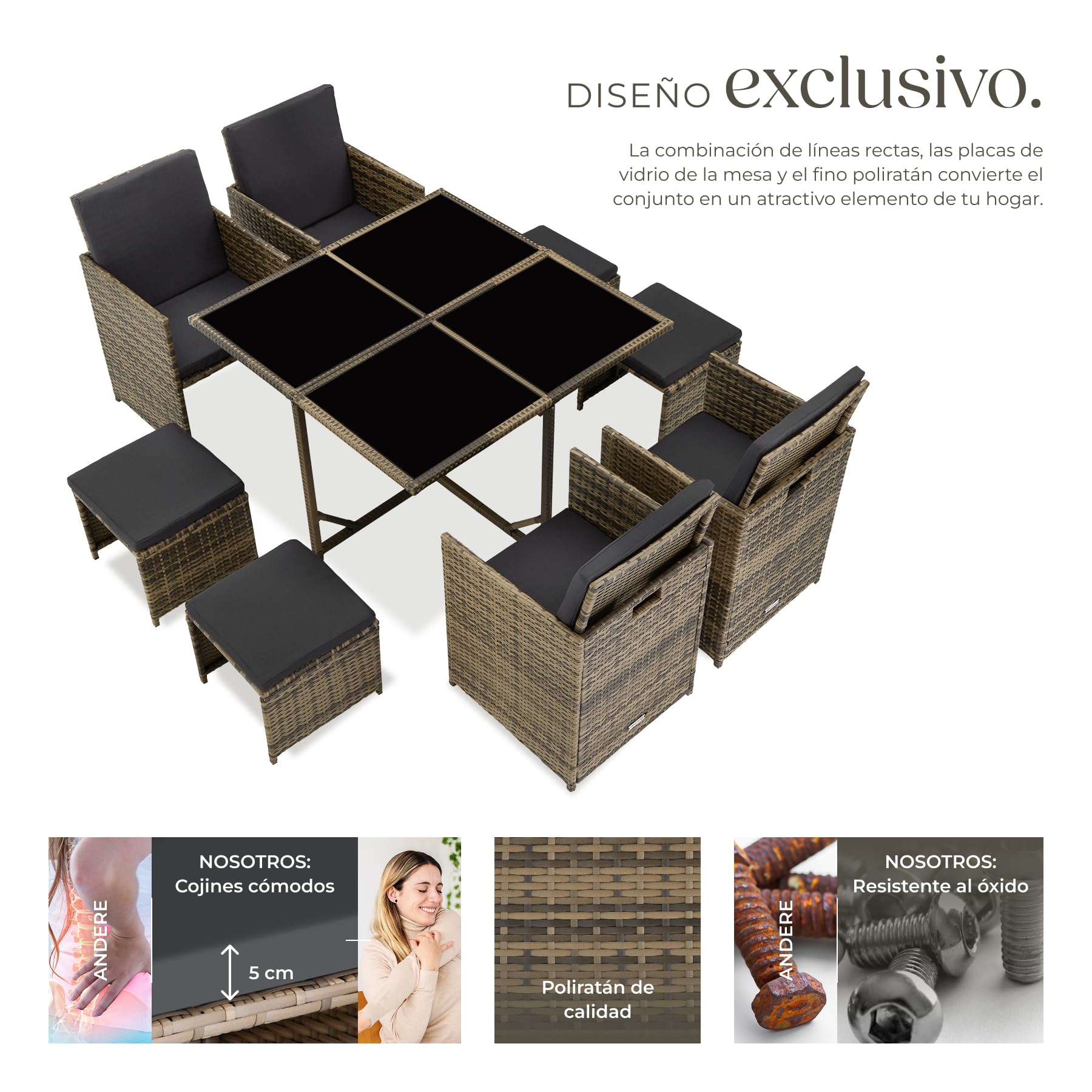 tectake® Conjunto Jardín Exterior de Ratán y Acero, Compacto y Agrupable en Cubo, Muebles Jardín Exterior Resistente a la Intemperie, para 4-8 Personas, Fundas Extraíbles y Funda Protectora - Natural