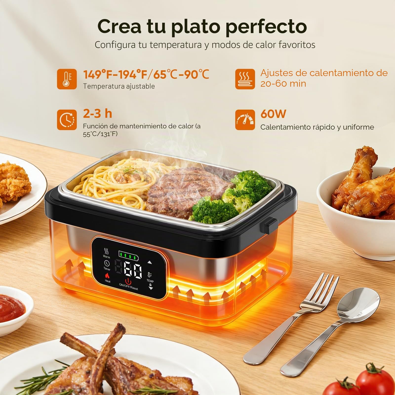 Fiambrera Electrica,Calentador de Comida Portatil 1L para Comida con Pantalla Táctil,Lonchera Termica con Vajilla de Acero Inoxidable y Bolsa Aislante para Coche(Blanco y negro)
