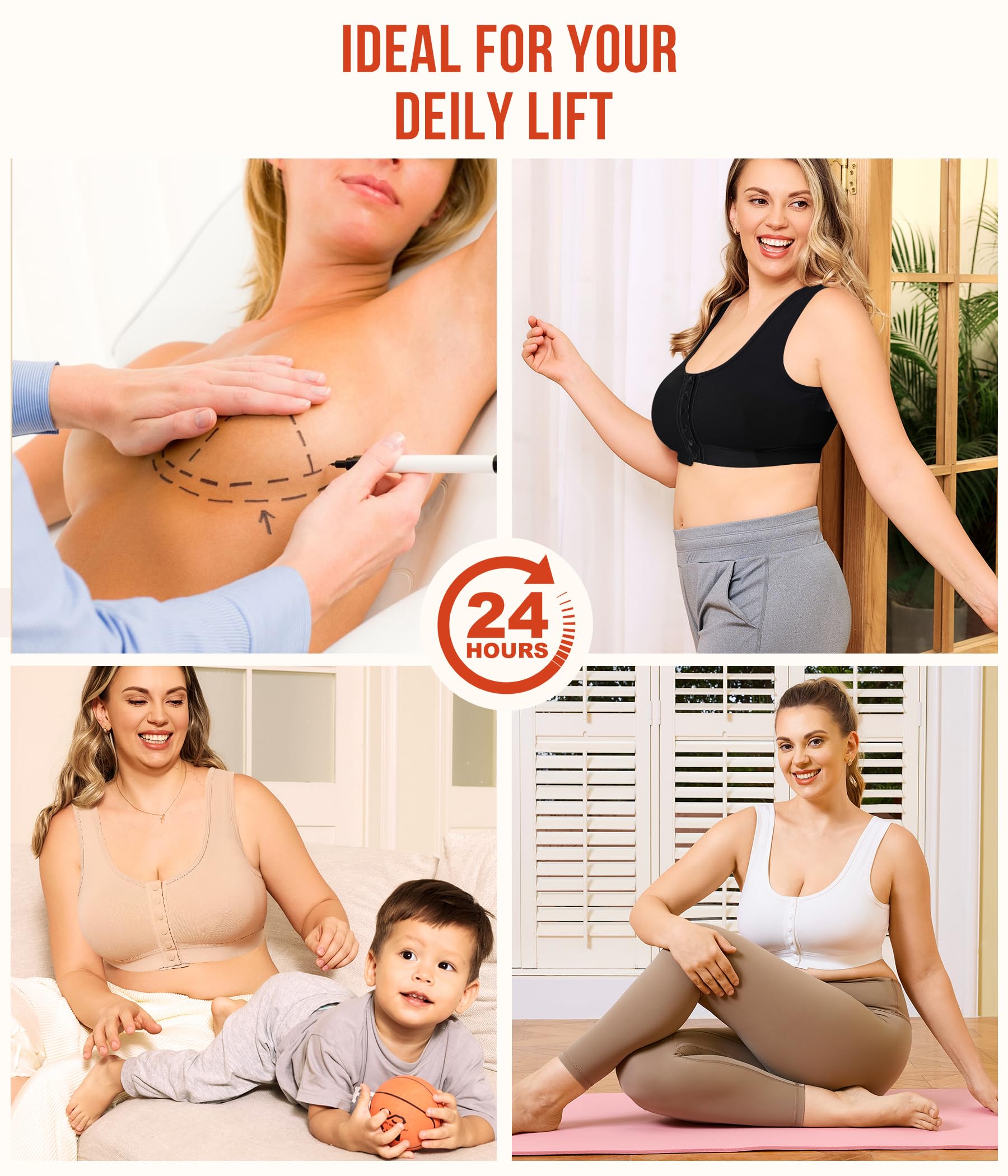 Junlan Damen Postoperativer Sport BH Ohne Bügel Vorderverschluss Racerback Bequemer Bustier Nach Brust Op Kompressions BH Sport Bra mit Rückenstütze Bequemer Bustier