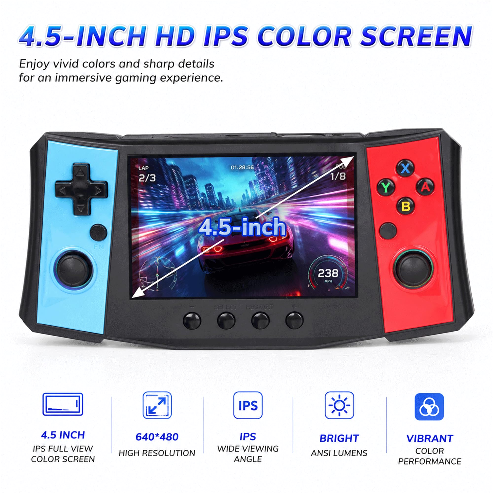 Console di gioco retrò portatile, schermo IPS da 4,5 pollici, sistema di gioco portatile con scheda TF da 256 GB, doppi joystick 3D, anelli luminosi RGB, batteria ricaricabile da 4000 mAh, sistema