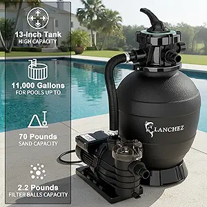 LANCHEZ 13in Sand Filter Pump for Above Ground Pool, 7-Way Valve Pool Pumps Above Ground