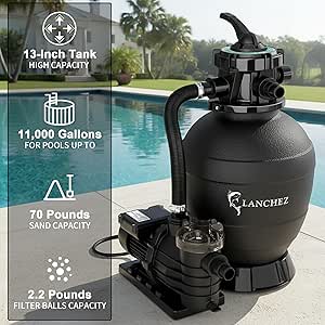 LANCHEZ 13in Sand Filter Pump for Above Ground Pool, 7-Way Valve Pool Pumps Above Ground