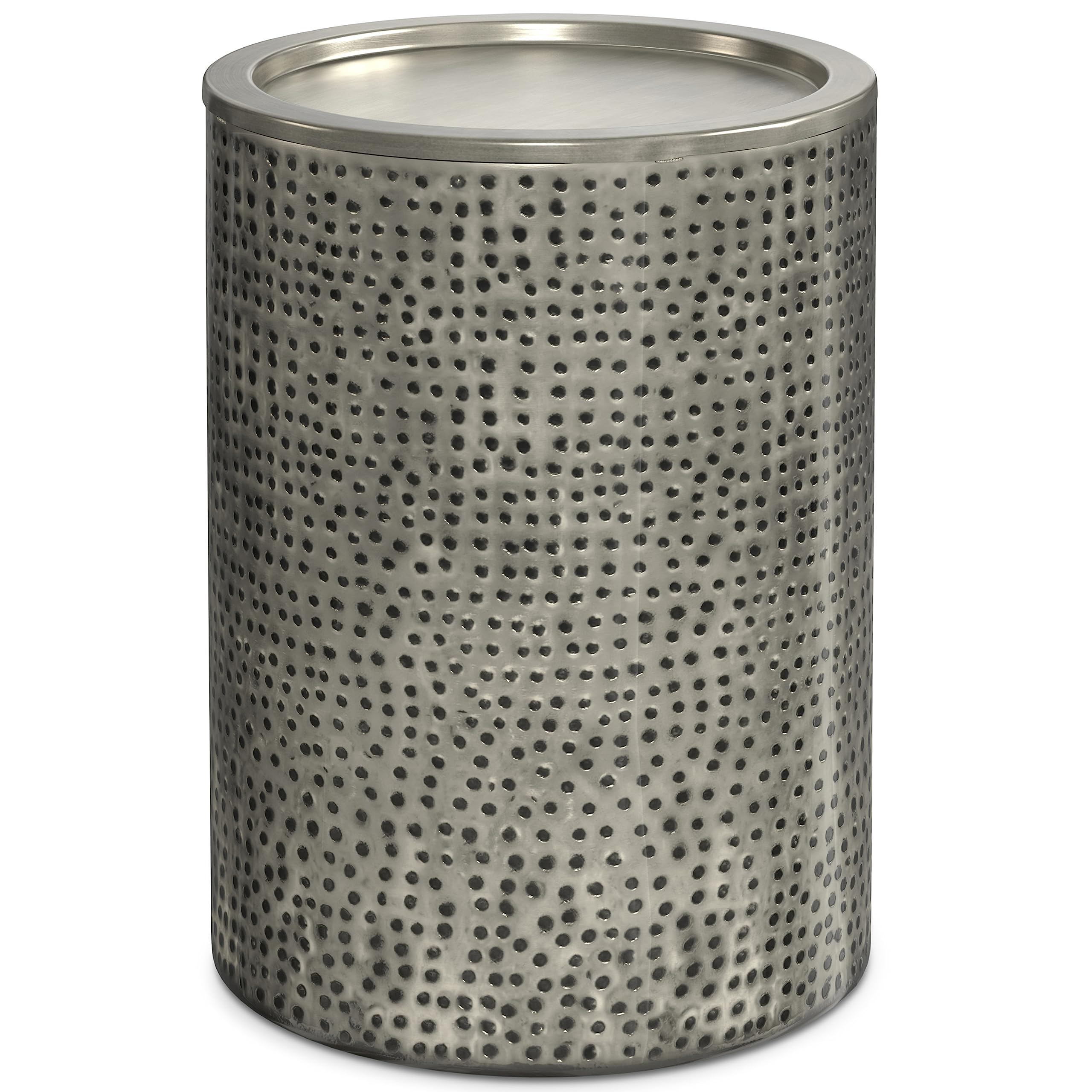 SIMPLIHOME Corbin 16 inch Wide Metal Side Table in Hammered Antique Silver, Round Drum Design End Table for Living Room, Family Room, or Entryway, Industrial Style, Assembled