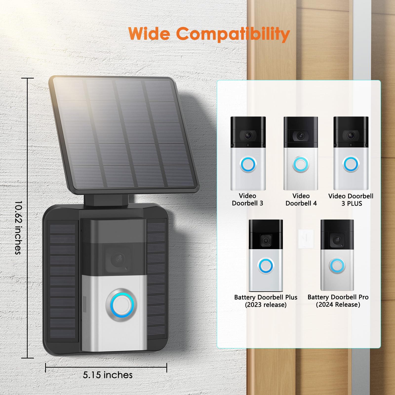 QIBOX - Cargador solar compatible con Ring Video Doorbell 3/3 Plus/4/Battery Doorbell Plus/Battery Doorbell Pro, 2.9W ajustable y eficiente soporte de panel solar para cámara de timbre