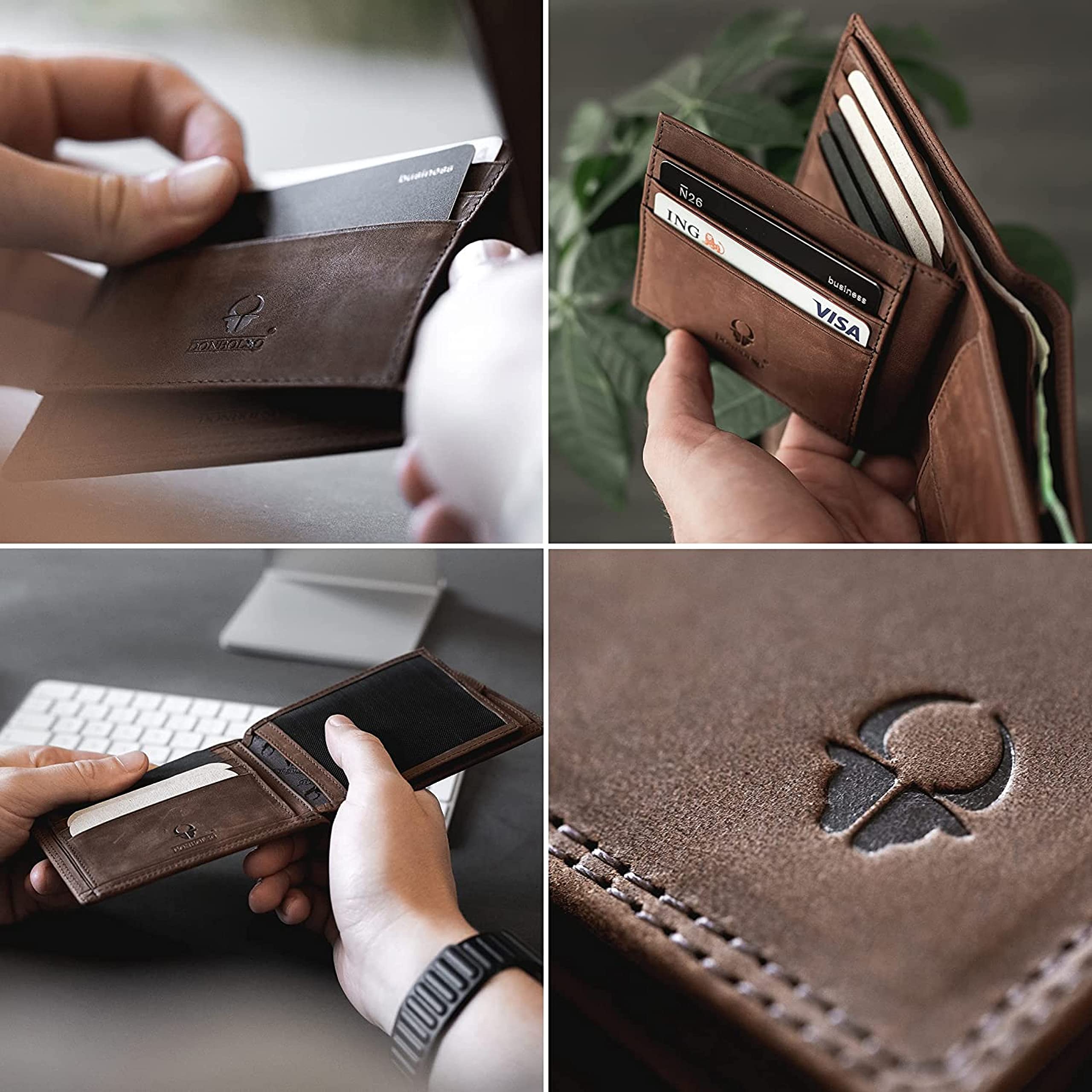 DONBOLSO Portafoglio Uomo Pelle Zurigo - XL Portafoglio Uomo con Portamonete e Blocco RFID - Design Vintage con Scomparti per Carte e Banconote - Vintage Marrone