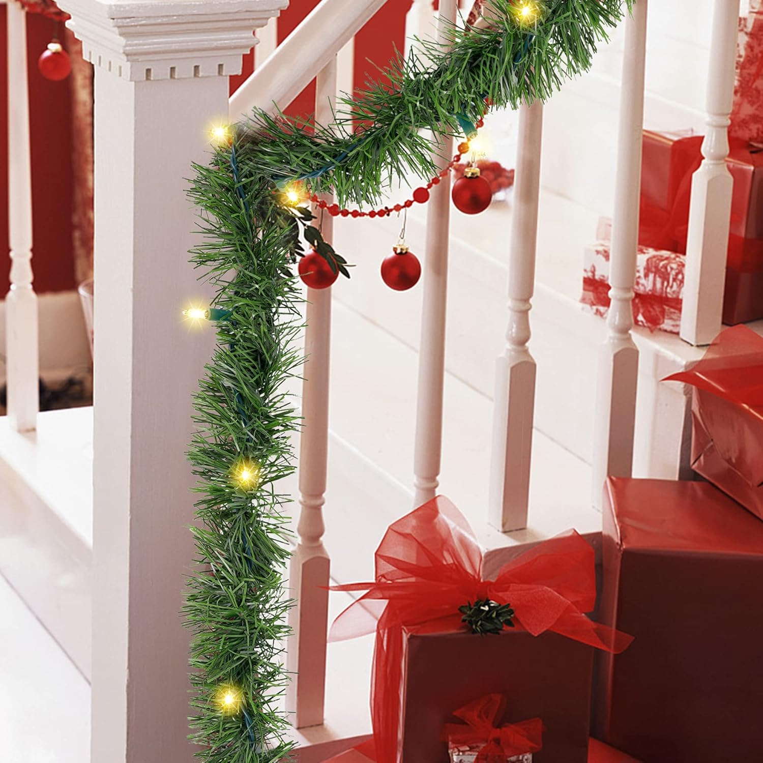 Biswing 15FT Pre-lit Christmas Green Garland Upgrade, Lighted Artificial Pine Garlands with 35 Count Clear Lights, Connectable & Light Up for Indoor Outdoor Home Winter Holiday New Year Decorations - Image 4