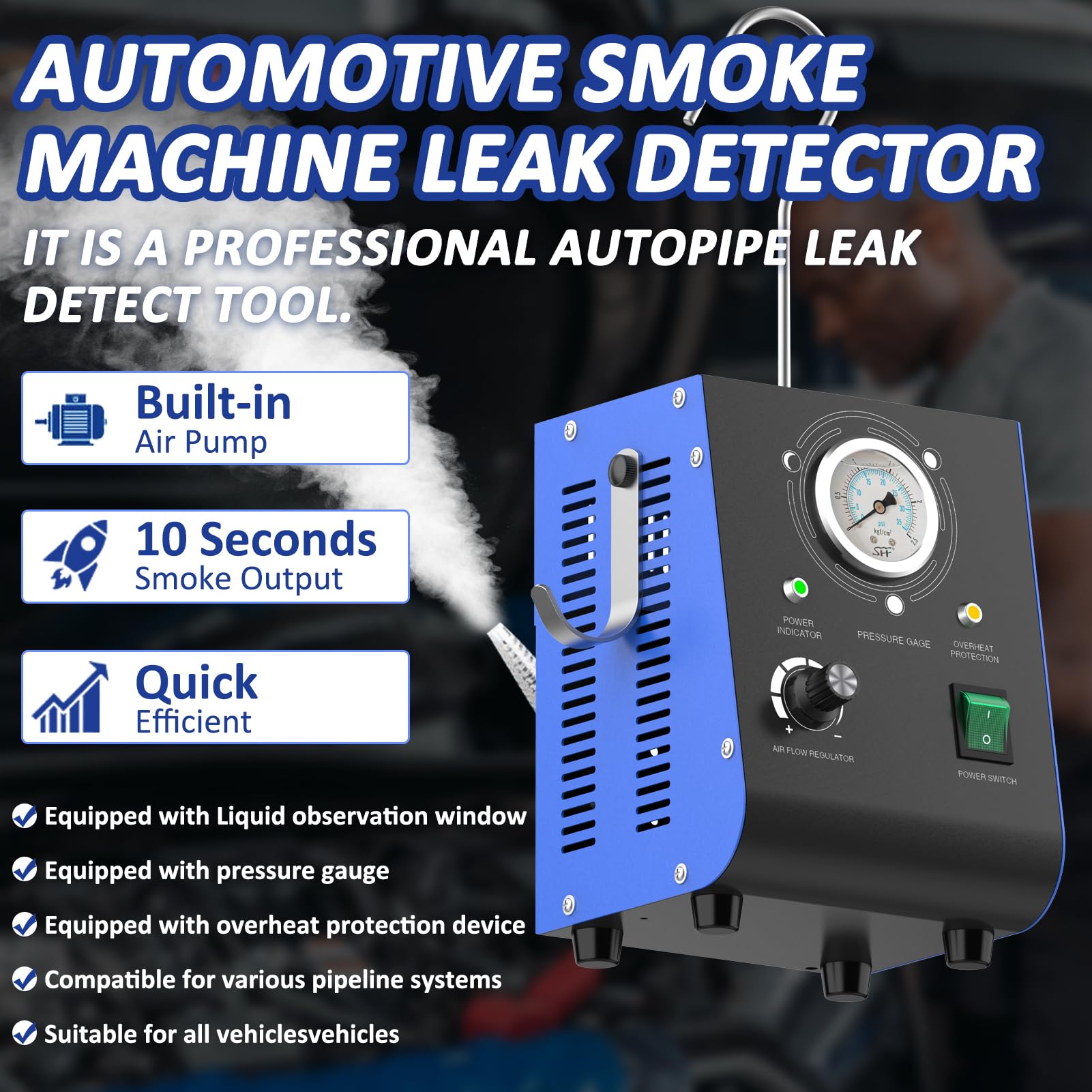 Aoteda Automotive Smoke Machine Leak Detector, 19PSI Upgraded Dual Mode with Built-in Air Pump & Pressure Gauge, 12V DC EVAP Vacuum Exhaust Fuel Pipe Diagnostic Tool for Vehicles, ATV, Boat