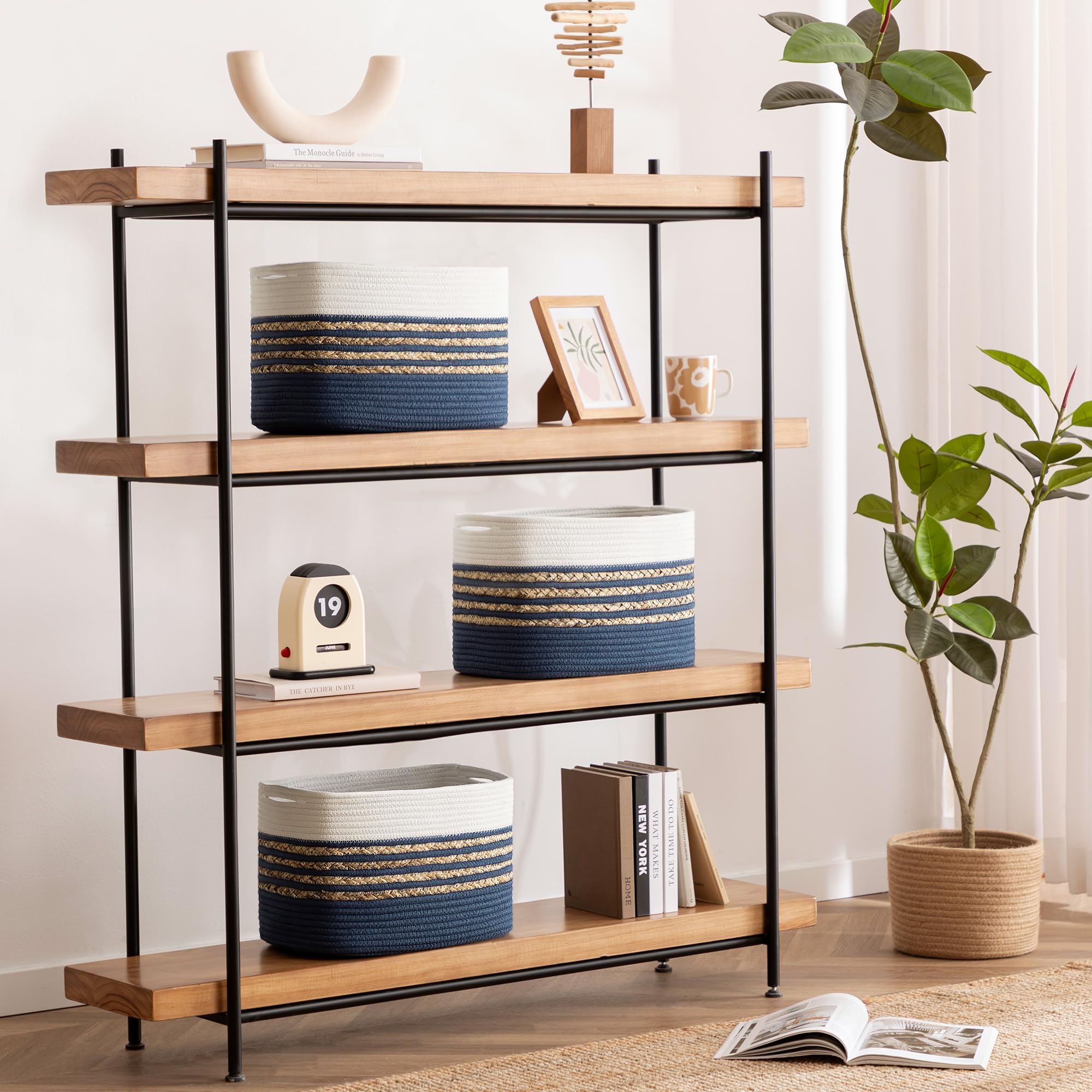 UBBCARE 3-pak koszy do organizowania, tkane kosze do przechowywania zabawek i ręczników, prostokątny kosz z liny bawełnianej z uchwytami, 38 cm dł. x 25 cm szer. x 25 cm, granatowy