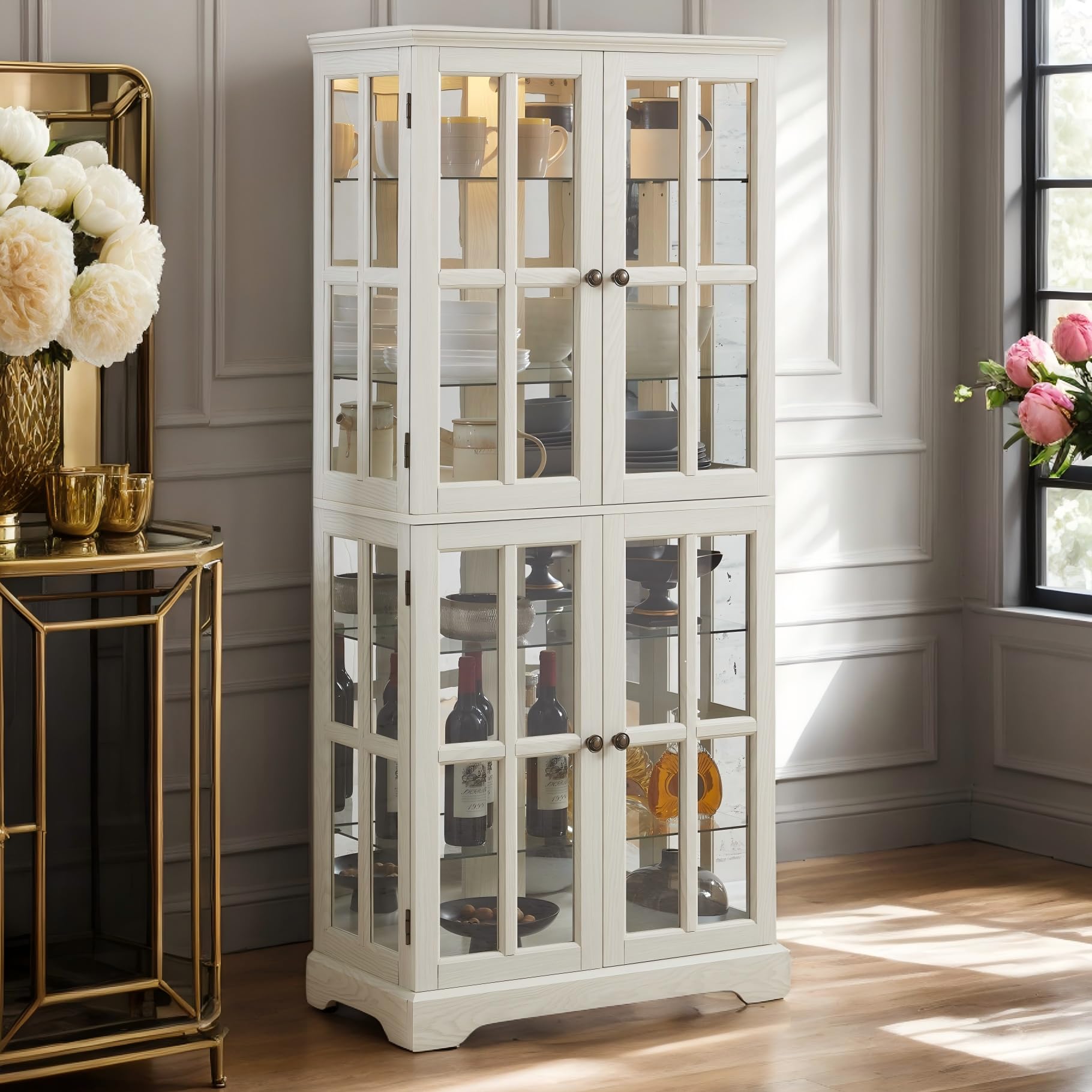 Eyisean Lighted Display Curio Cabinet 69" H China Cabinet with 4 Glass Doors, 6 Shelves, Freestanding Glass Display Cage Wine Cabinet Storage Rack for