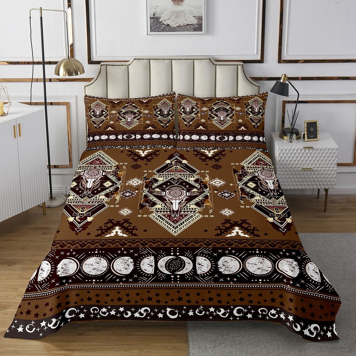 Manfei Rustikale Kuh Schädel Tagesdecke Western Cowboy Bettwäsche Set M Brown Aztec Tribal Coverlet Quilt