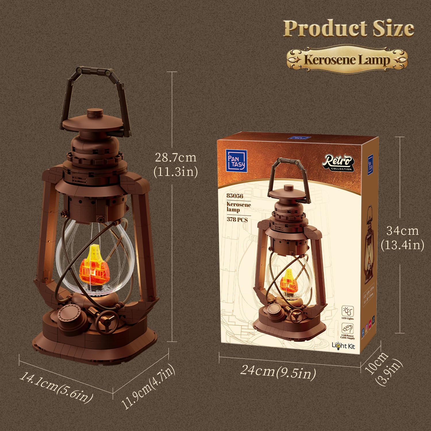 PANTASY Vintage Kerosinelamp met Licht, Bouwset voor Volwassenen | Retro model z klocków z efektem migoczącego płomienia, miedzianym wykończeniem i stylem dla kolekcjonerów.