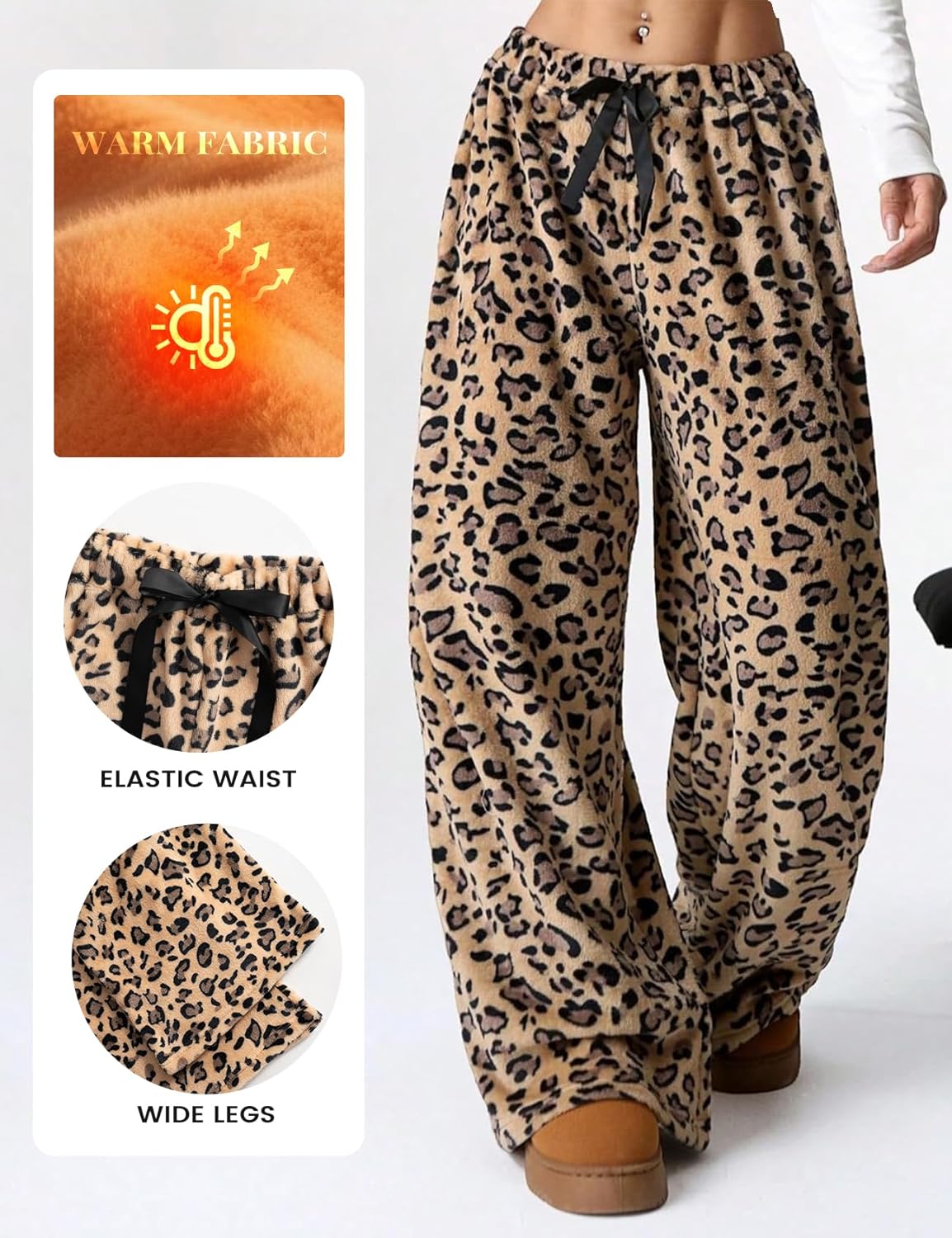 Wyeysyt Women Fuzzy Pajama Pants Plush Elastic Waist Wide Leg Leopard Pants Pj Bottoms Lounge Fluffy Pants - Image 3