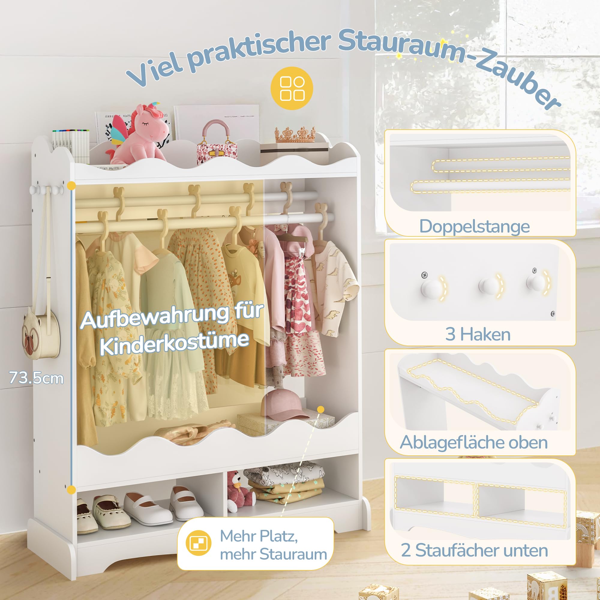 LUE BONA Kinderkleiderschrank, Kindergarderobe mit Spiegel und Kleiderstange, Kinder Kleiderschrank aus Holz mit 3 Haken, Kleiderschrank Kinderzimmer mit Ablage, für Kinderzimmer, 85x108x34 cm, Weiß