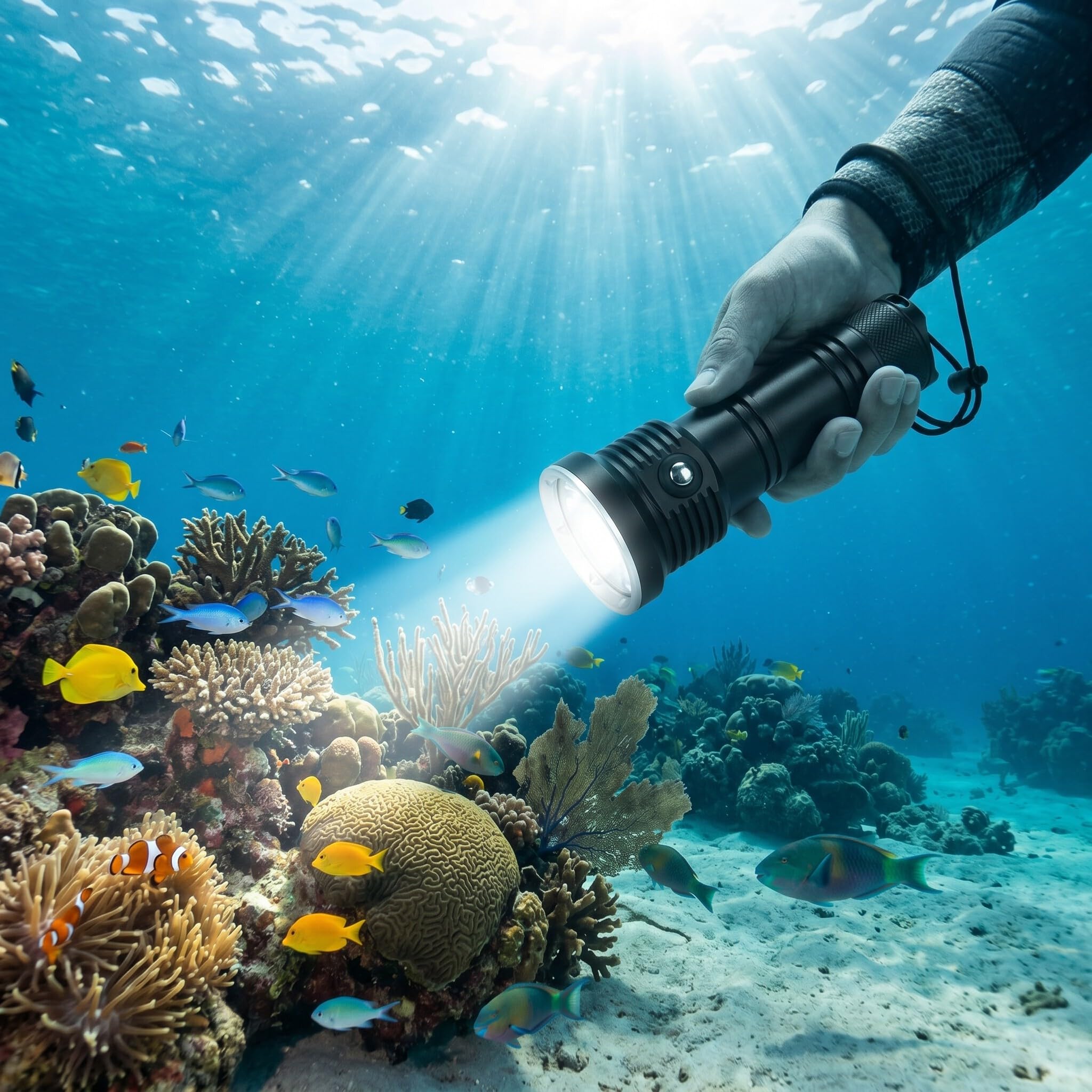 Linterna de Luz de Buceo de 10000 Lúmenes con 12 LED, 3 Colores de Iluminación, 5 Modos, IP68 Resistente Al Agua, Aleación de Aluminio para Exteriores, Pesca, Camping