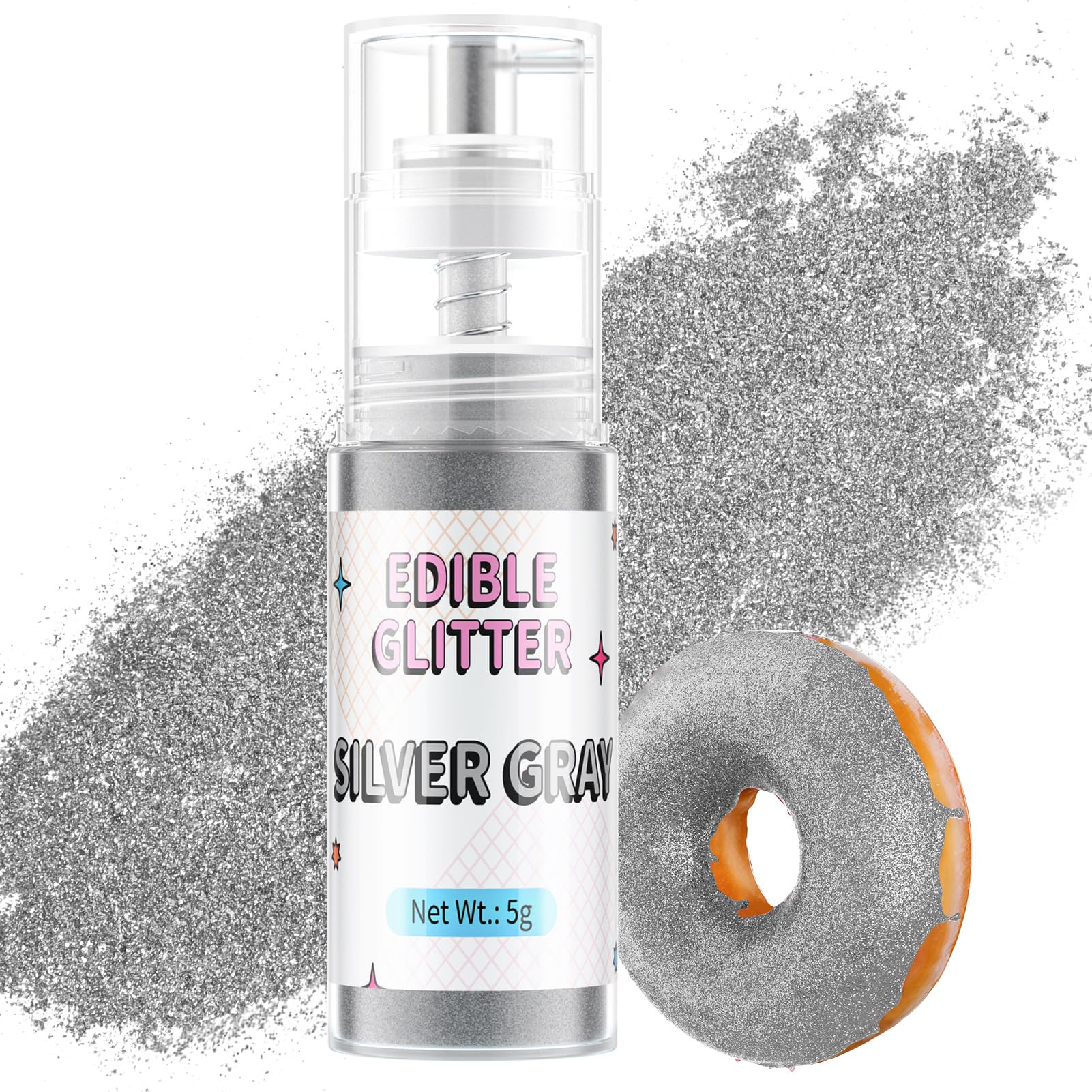 Waysroma Essbarer Glitzer Spray 5g Goldpuder Essbar für Backen Lebensmittel Glitzer für Getränke, Erdbeeren, Cupcakes, Osterkuchen, Fondant, Cocktails, Schokolade (Silbergrau)