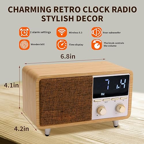 Miniatura 4 de Radio de reloj con altavoz Bluetooth retro con rejilla de tela y acabado de madera, radio FM vintage con alarma doble, pantalla LED regulable para