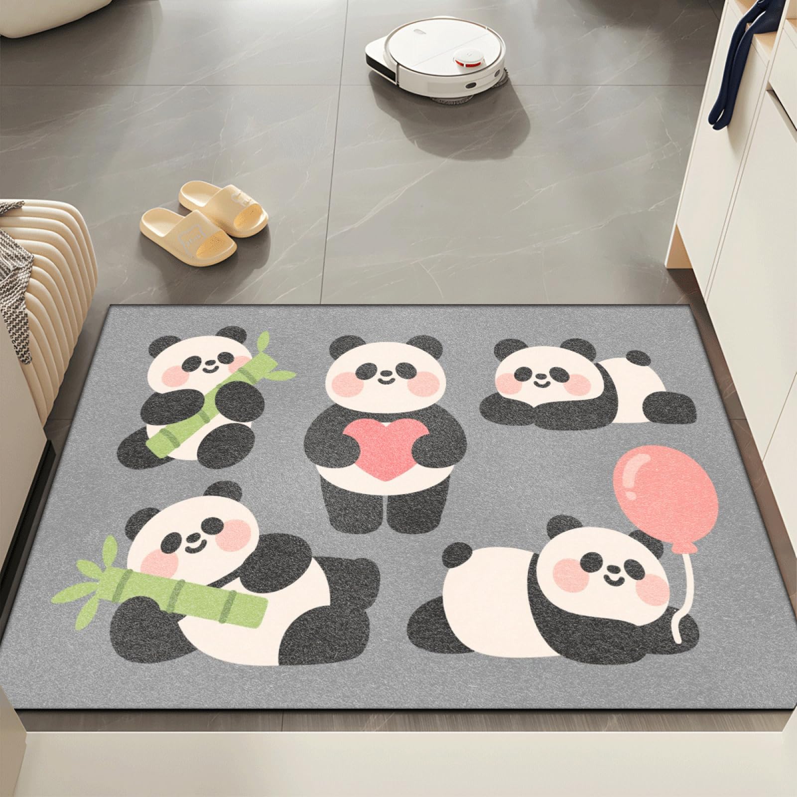 Paillasson Exterieur Entree Coeur Panda Gris Tapis Entree Interieur Facile à Nettoyer Paillasson Interieur Antidérapant Lavable en Machine pour Chambre Cuisine Couloir 60x90 cm