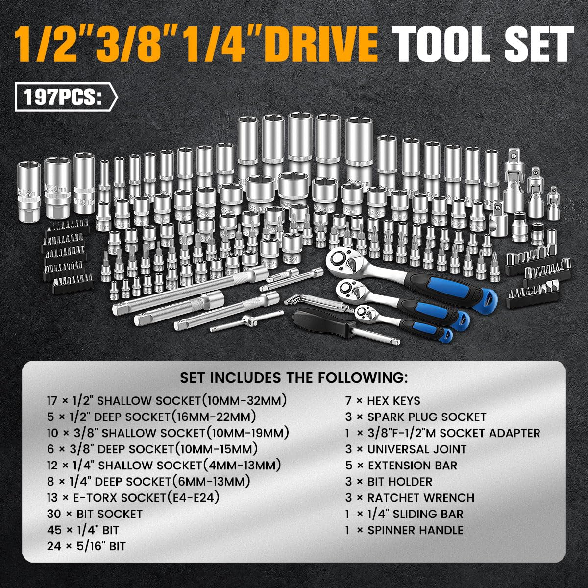 Set di chiavi a bussola da 197 pezzi, 1/4" e 3/8" e 1/2", set di chiavi a bussola metriche con cricchetto a 90 denti, riparazione auto e bici con custodia resistente
