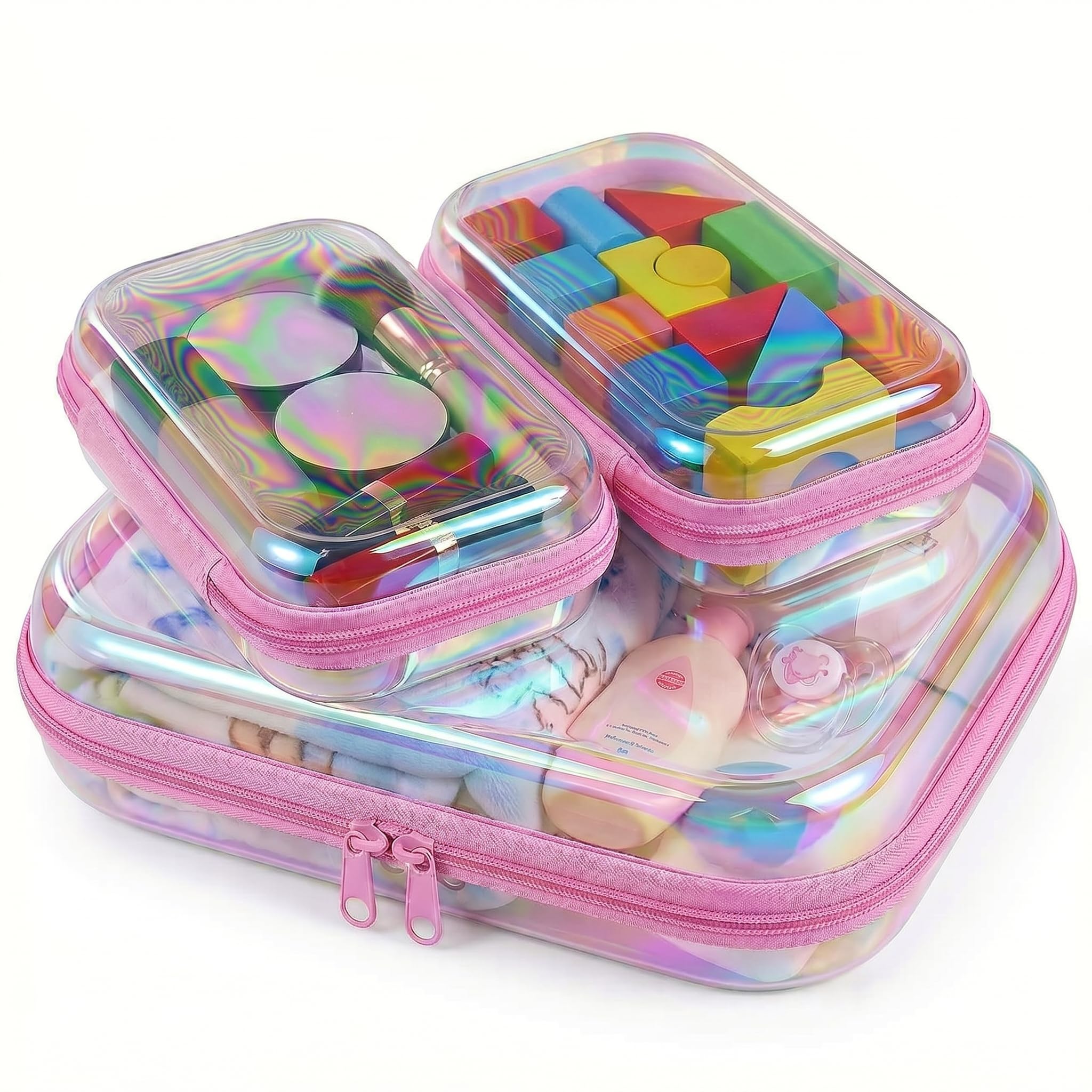 3Pcs Clear Hard Shell Zipper Case, TSA Approved Toiletry Bags with Iridescent Scratch-Pro…