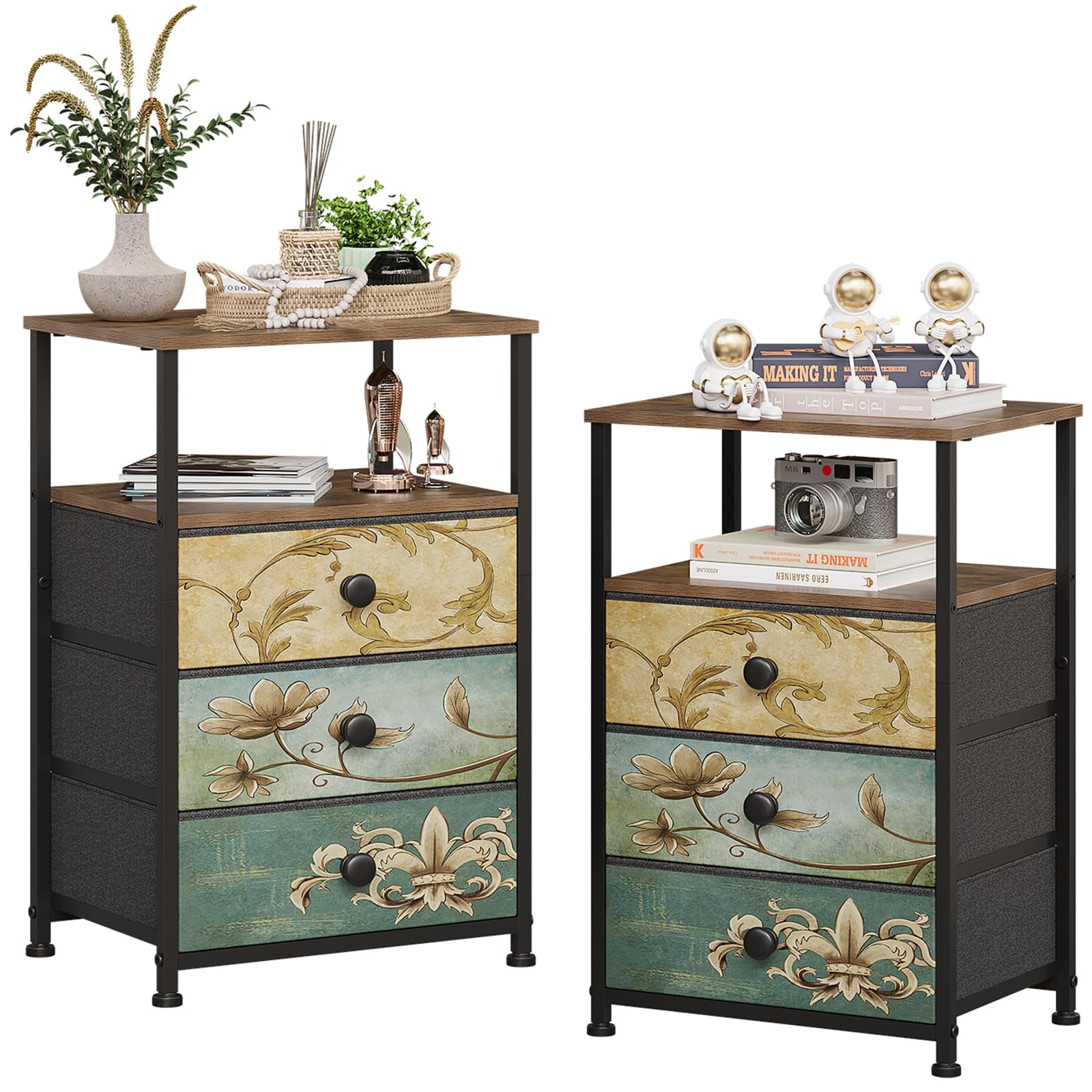 VEDECASA Set de 2 cajones con 3 cajones y estante abierto, armario de codificación, mesa de maquillaje bohemia, armario de almacenamiento, mesita de noche, mesa auxiliar para sala de estar,