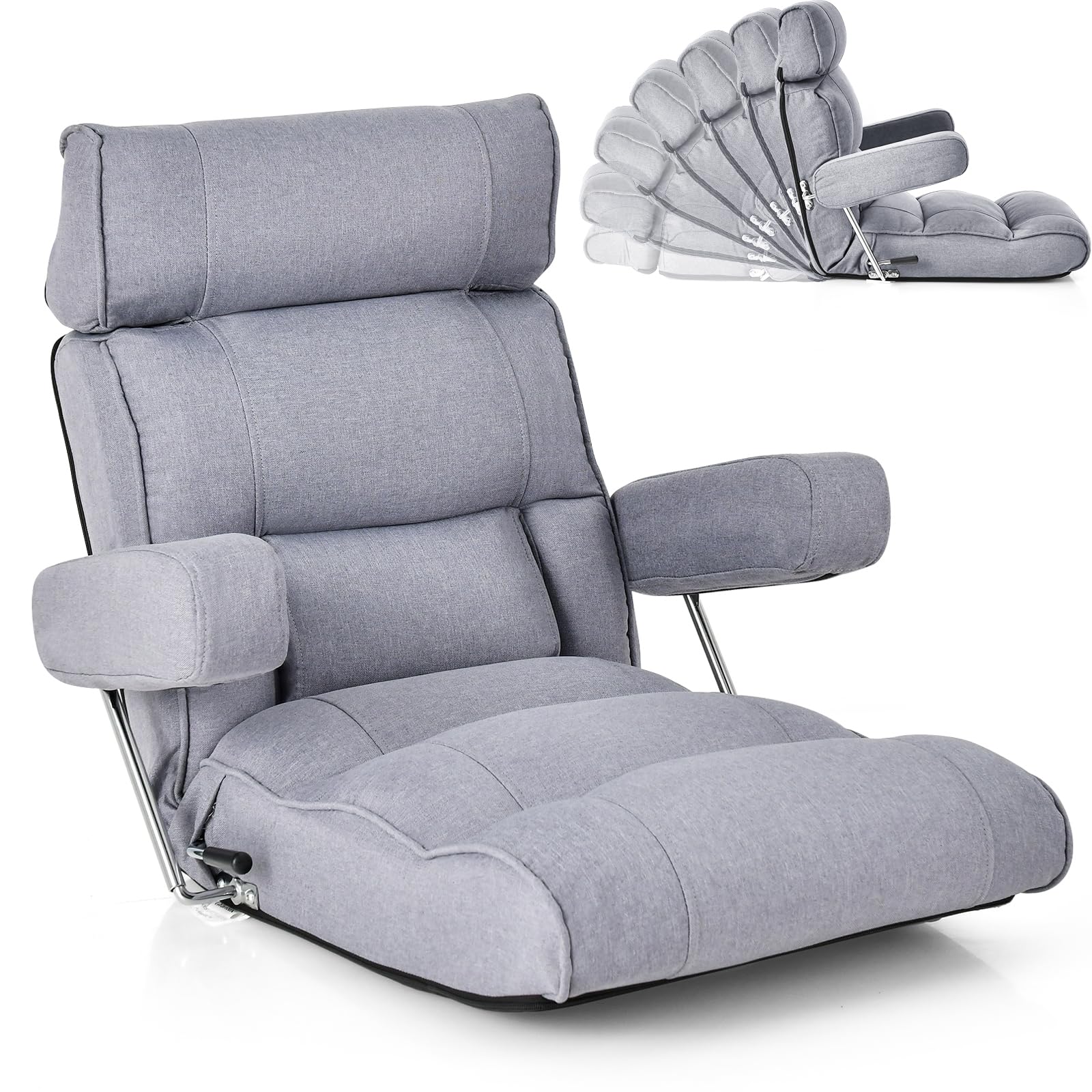 RELAX4LIFE Fauteuil de Sol Pliable avec Dossier Réglable 90-180°|Appui-Tête Réglable|Support Lombaire|Position à Plat|Accoudoirs Rabattables, Fateuil Relaxant pour Salon Chambre Bureau (Gris)