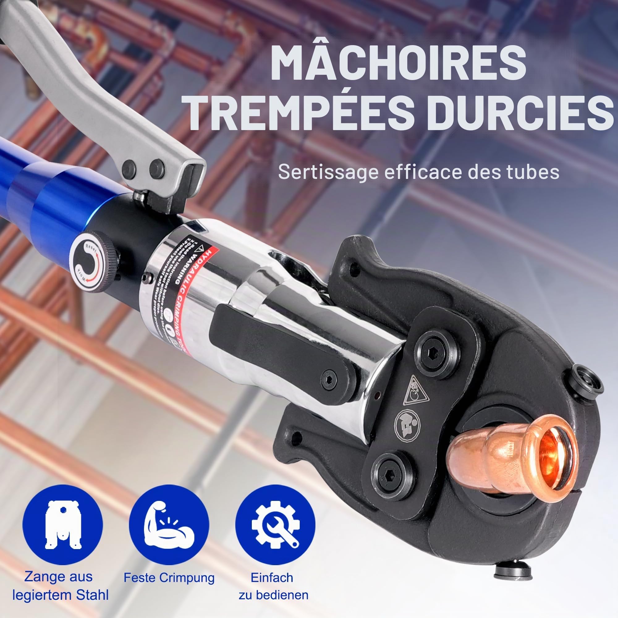 AMZCNC Pince à sertir professionnelle hydraulique avec mâchoires, ensemble d'outillage de presse, contour M 12-15-18-22-28 pour tubes en cuivre, tubes en acier C et tubes en acier inoxydable