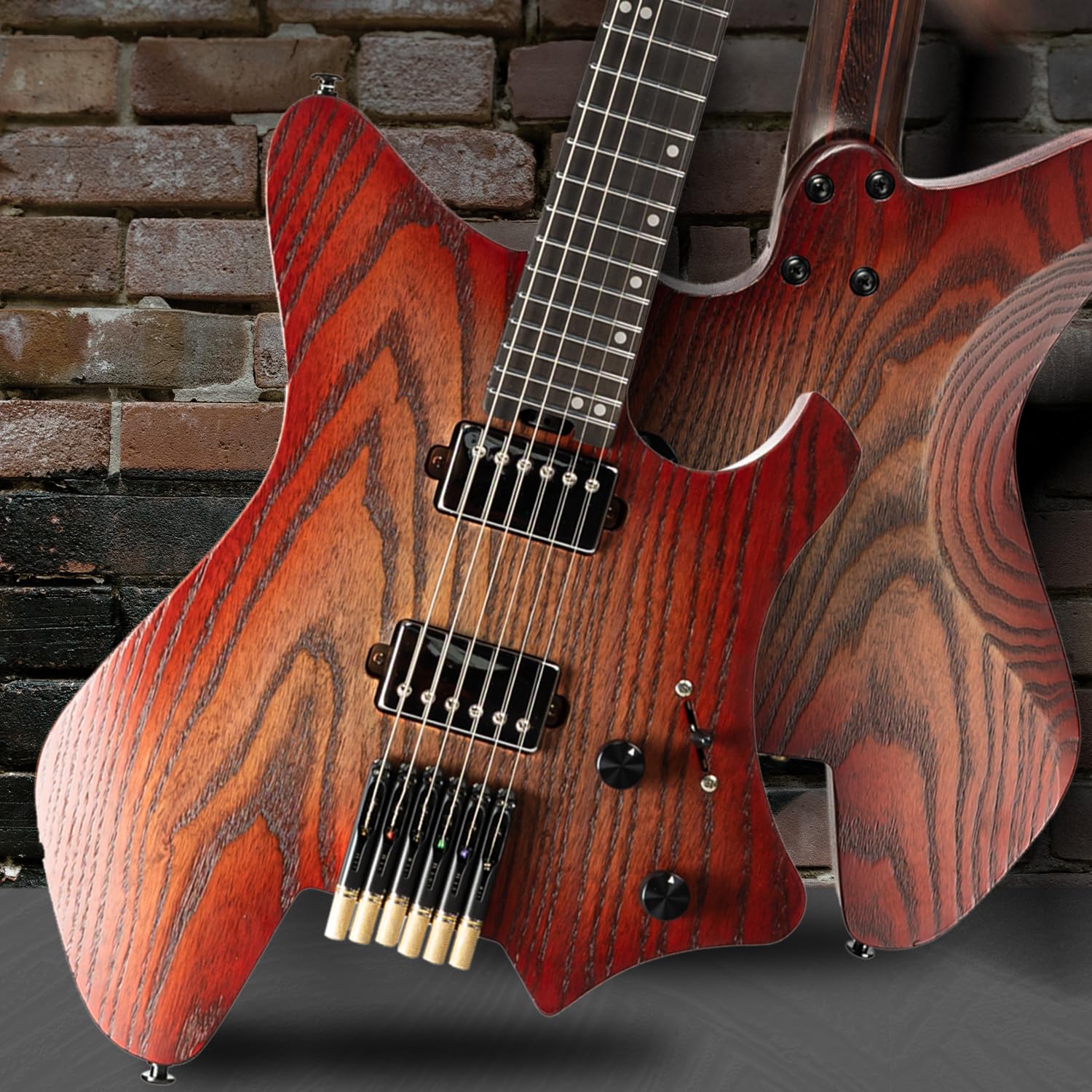 EART GW2-Pro Headless E-Gitarre feste Brücke für Reisen, geröstete Esche Solid Body - Wenge Neck, Trans White/Natural/Solid Black