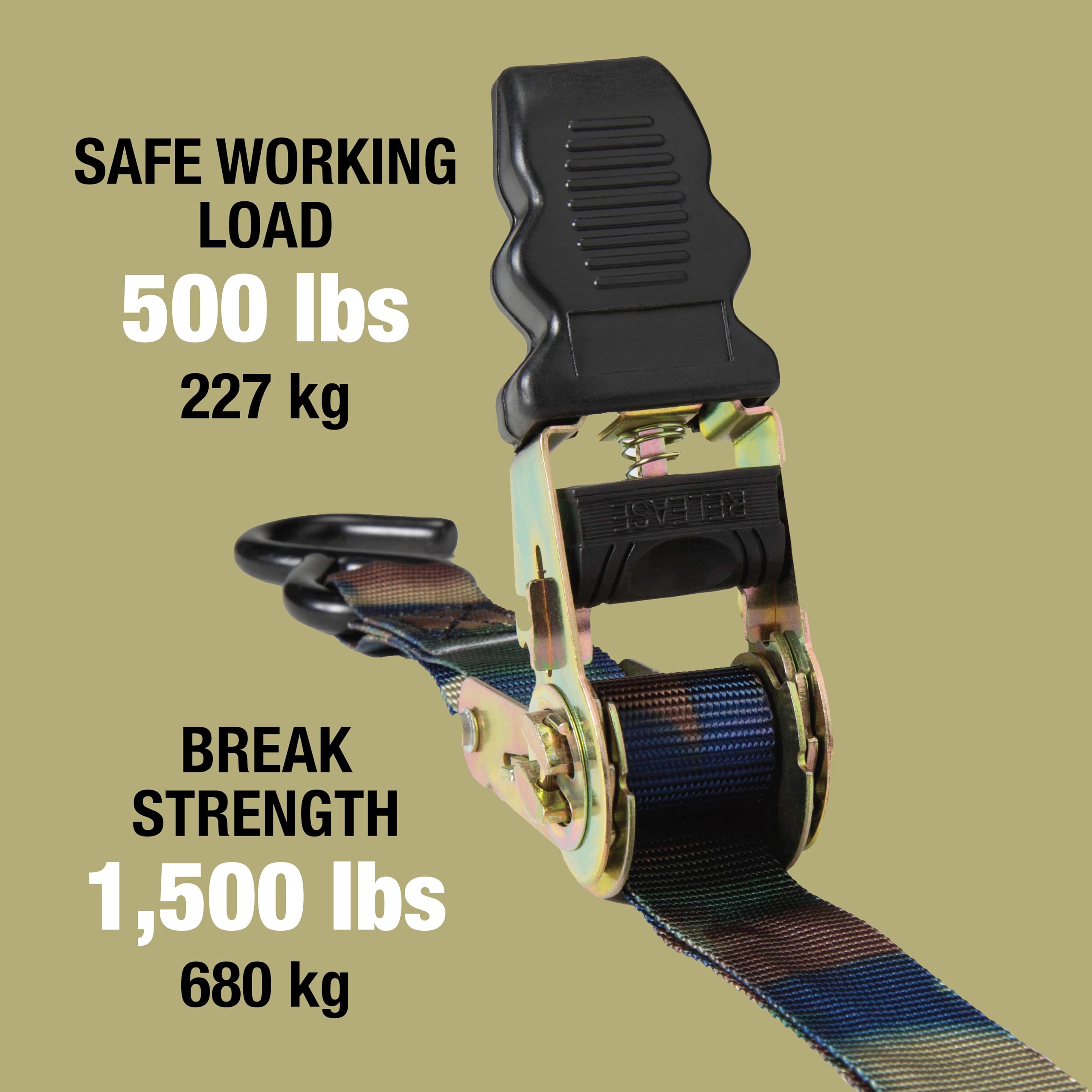 RPS Outdoors EP-2069 Camouflage 1" x 8' Ratchet Tie Down Straps (1,500 lb Break Strength), 4 Pack - Image 3