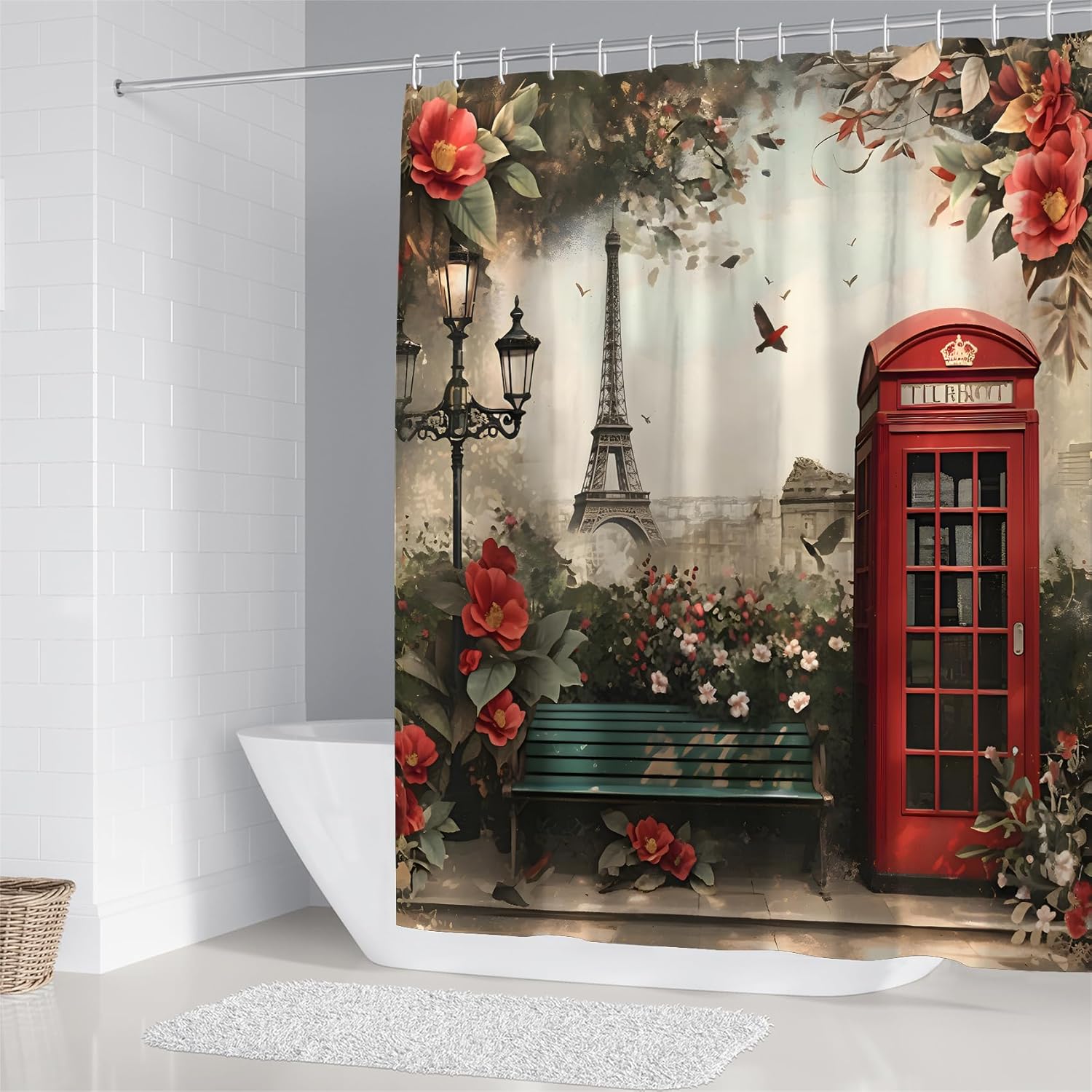 Chrainy 4Pcs Paris Eiffel Tower Shower Curtain Sets Telephone Booth Red Flowers Bathroom Set Decor with Non-Slip Rugs Bath U-Shaped Mat Toilet Lid Cover Floral Curtains Shower Set with 12 Hooks