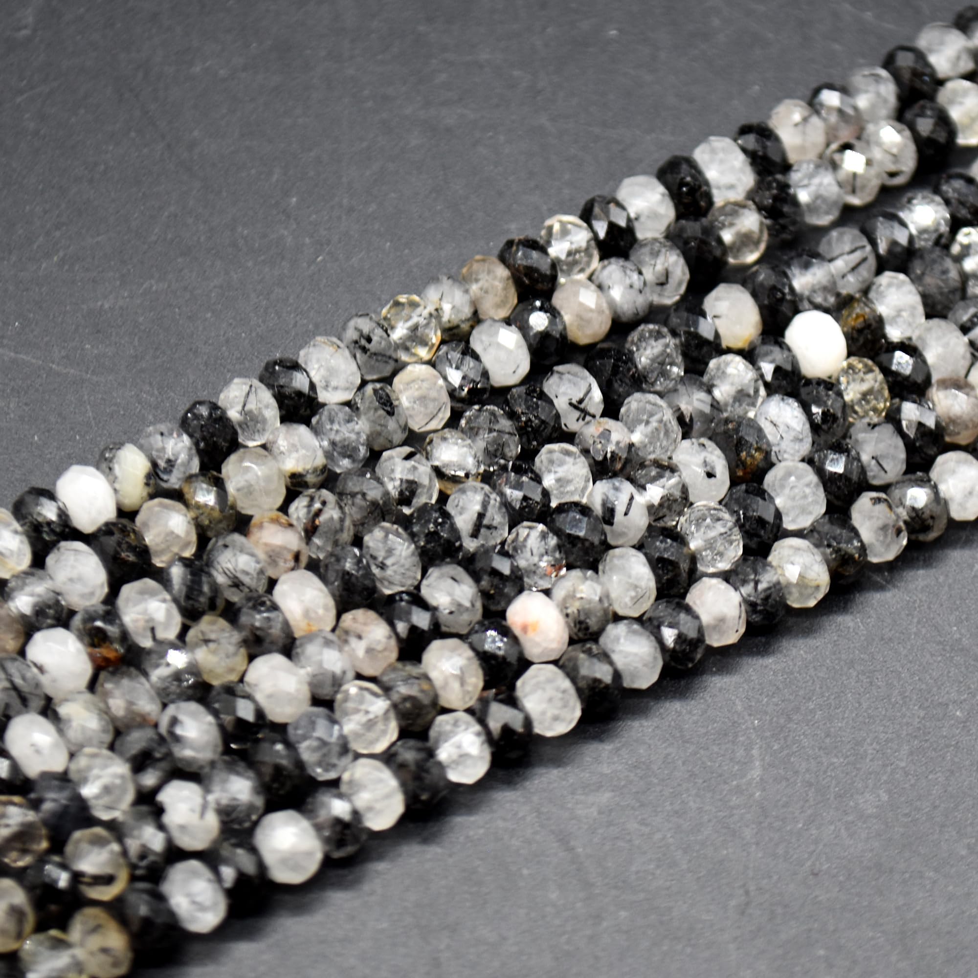 Tourmalinated Quartz Gemstone Faceted Rondelle Spacer Beads - 6mm x 4mm