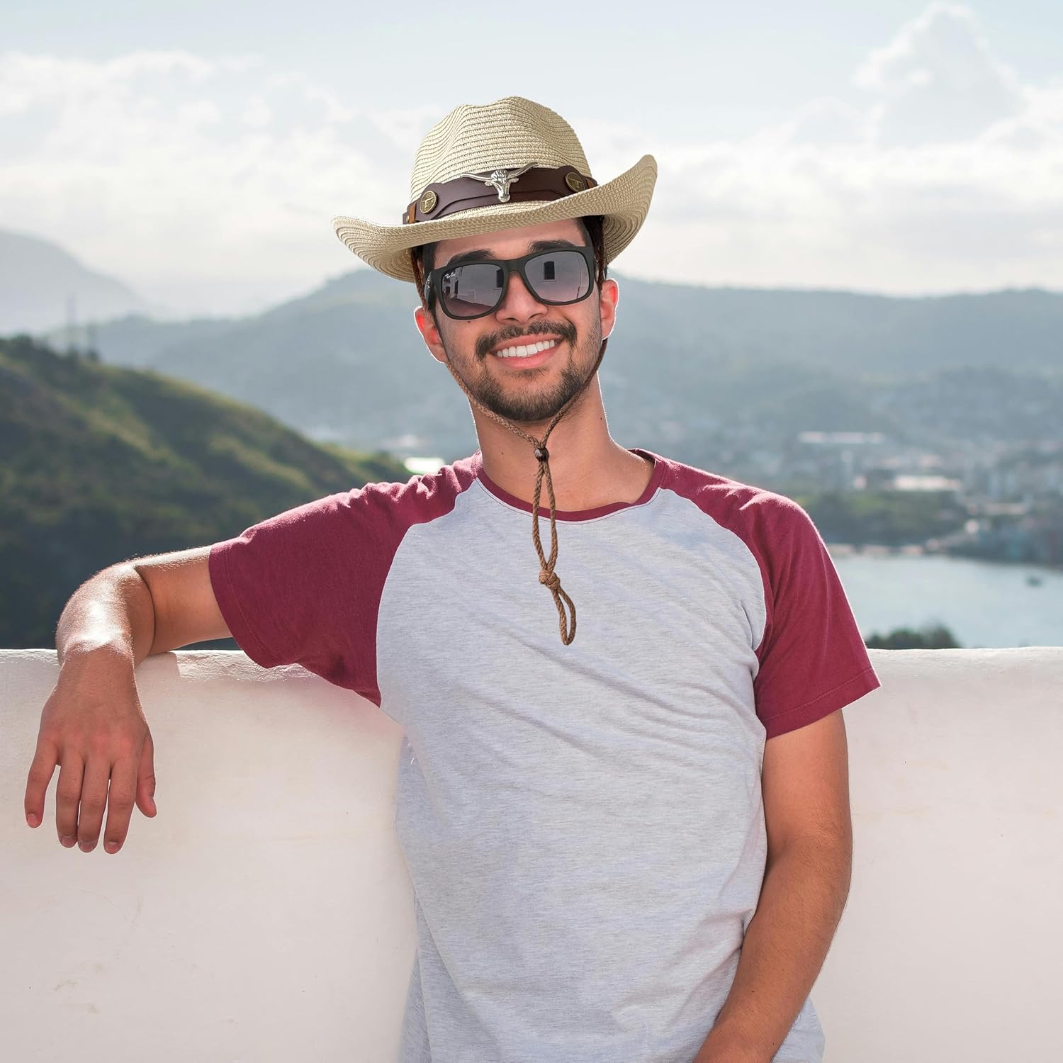 Straw Cowboy Hats Straw Cowgirl Hat Wide Shapeable Wide Brim Foldable Vacation Beach Sun Hat with Chin Strap - Image 6