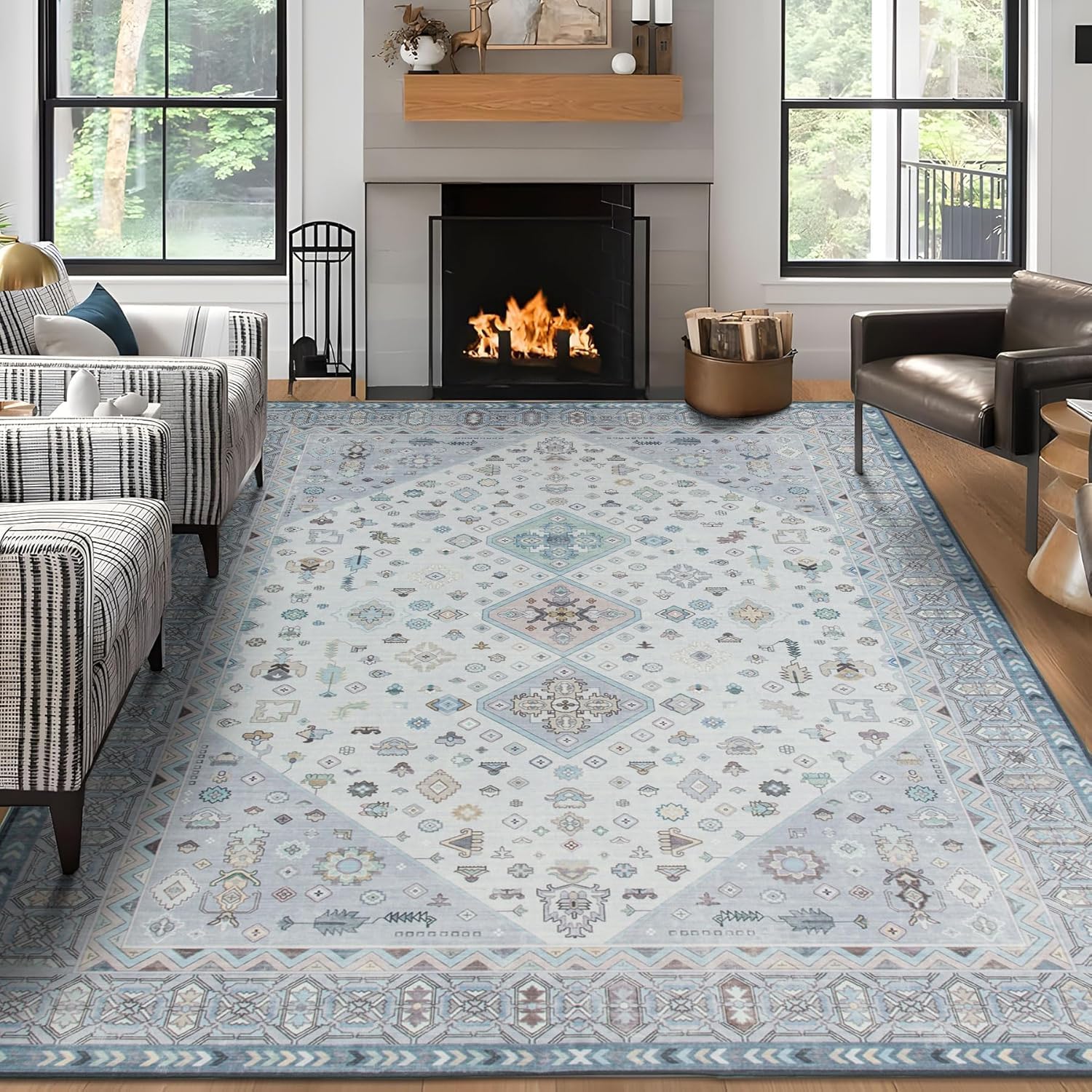 Covor Vintage Lavabil TALETA în nuanțe de albastru, într-un living