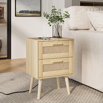 Nightstand,Boho Bedside Table,Rattan Night Stand with Rattan Decorated Drawers,Bedside Furniture, Wood End Table for Bedroom,Living Room,Natural Bohemian-Outlet, Yellow-2Drawer