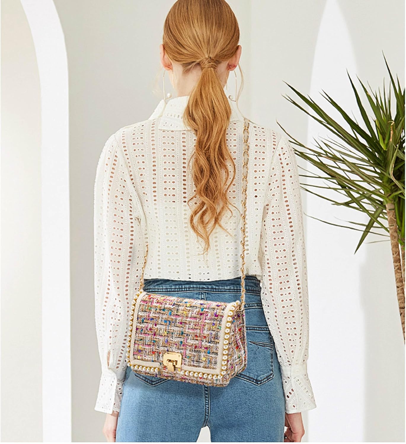 Shoulder Bag Chain Purse for Women, Fashion Clutch Crossbody Bag Retro Tweed Pearl Underarm Bag Square Satchel Handbag