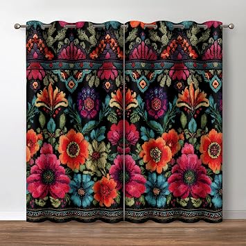 Jekeno Black Boho Floral Blackout Curtains 54 Inch Length Mexican Cross Stitch Print Bohemian Drapes for Bedroom Cottage Cabin Study Grommet Ethnic Folk Art Decor 2 Panels 42x54 Inch